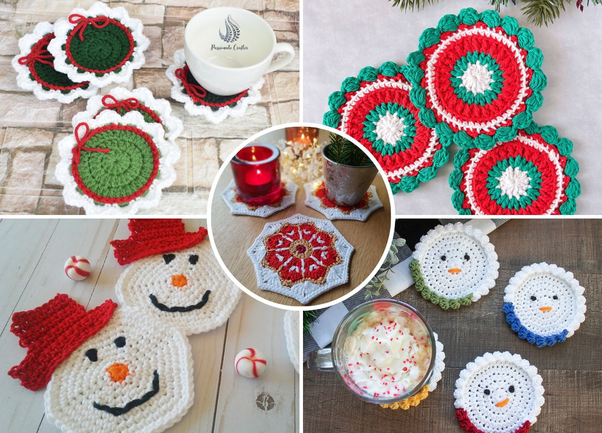 Various handmade crochet coasters in festive designs, including snowmen, circular patterns in red, green, and white, and a multicolored hexagon, arranged on different surfaces.