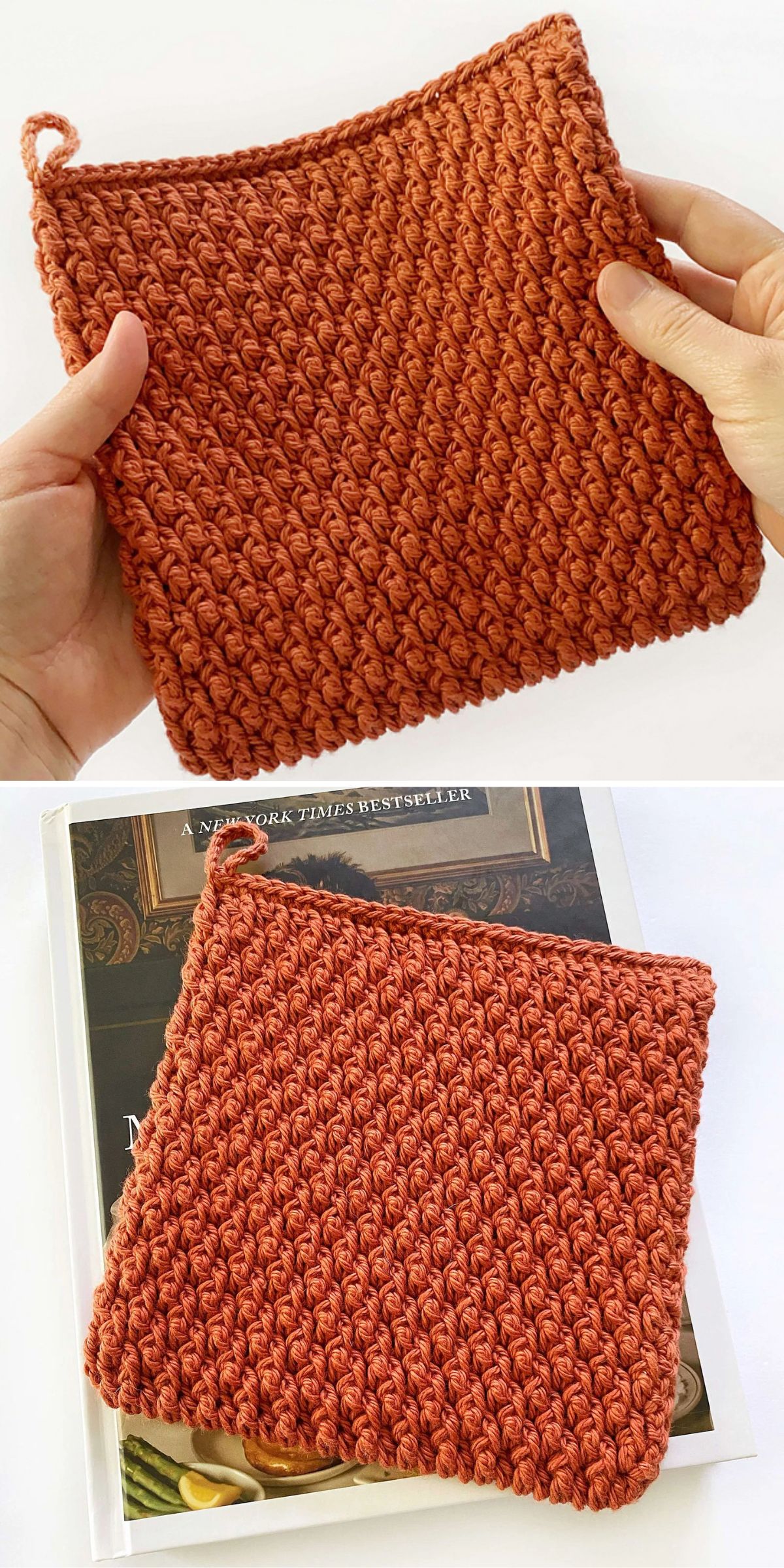 Orange crochet potholder being held in hands and placed on a book.