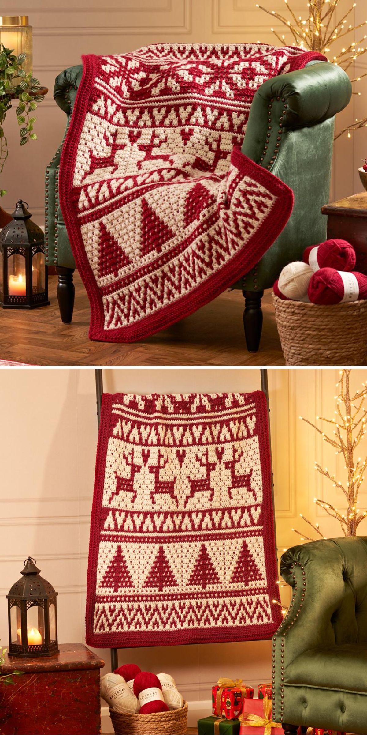 Red and white crochet blanket with geometric and reindeer patterns, draped over a green chair. Nearby are a lantern, yarn balls, and a festive gift box.
