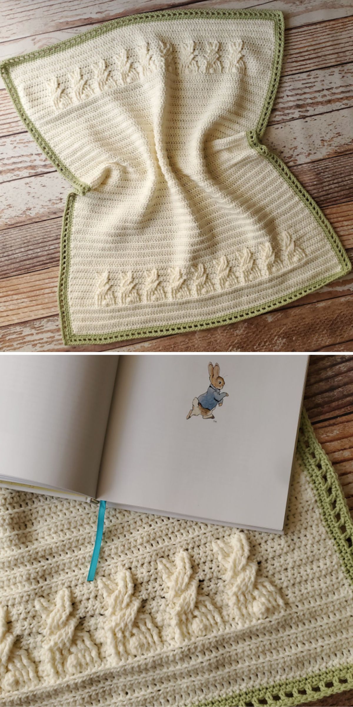 A cream-colored crochet baby blanket with a green border and bunny patterns. 