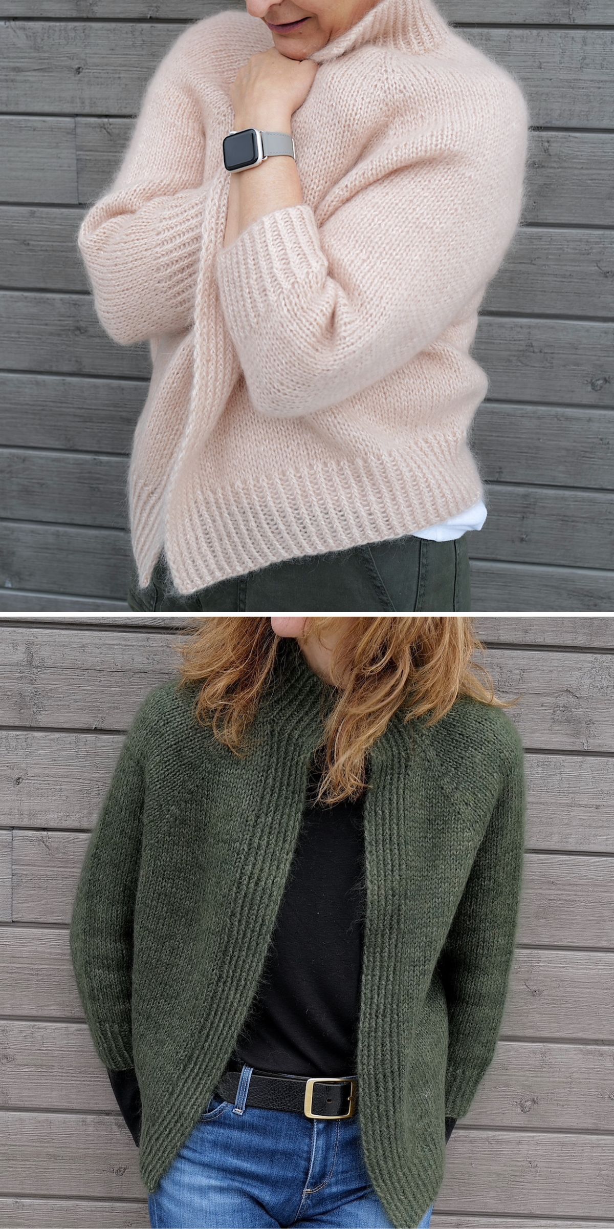 Two images of a person wearing knit cardigans: the top image shows a pink cardigan, and the bottom image shows a green cardigan with a dark shirt and jeans.