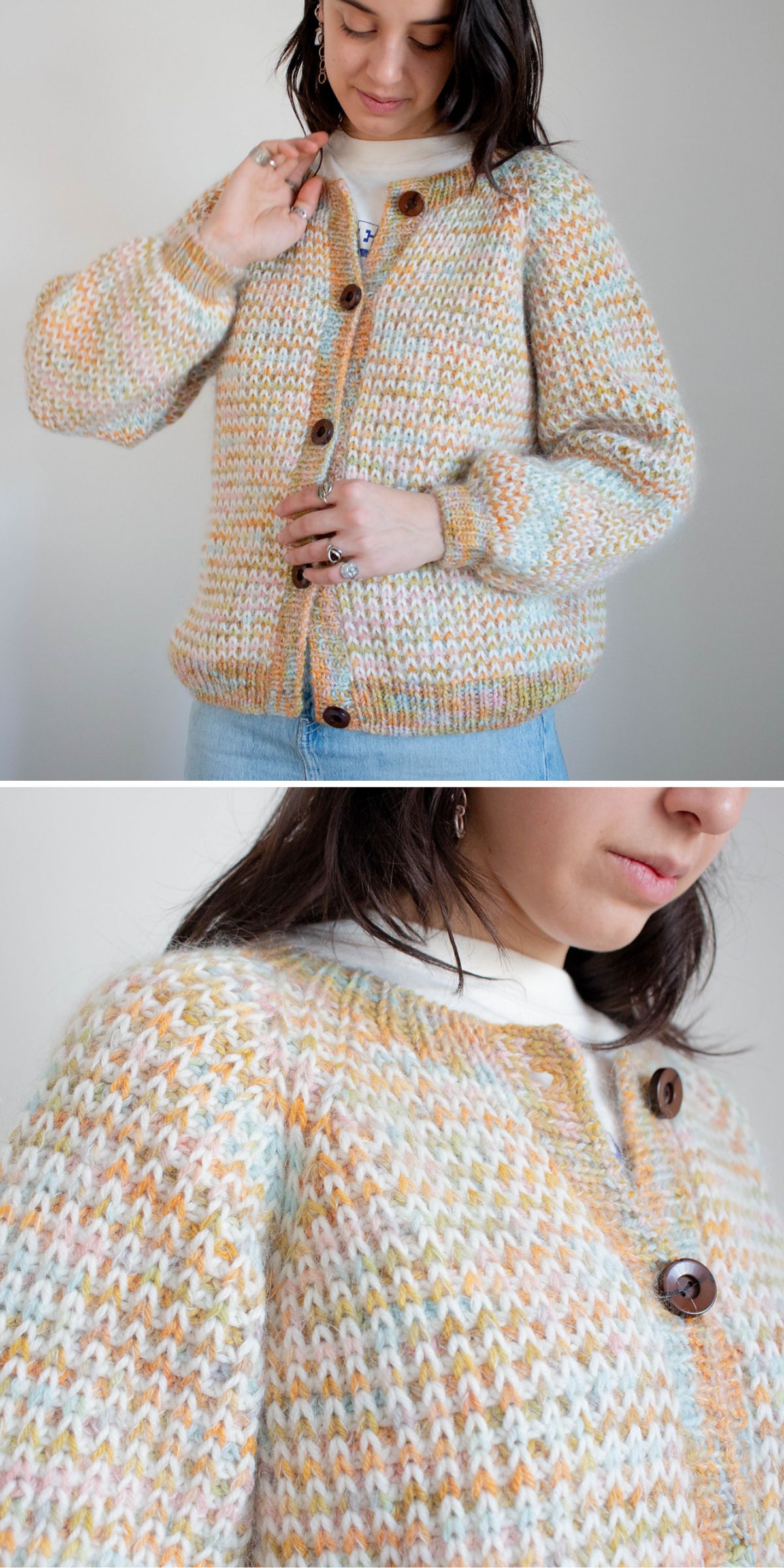 A person wearing a multi-colored knit sweater with large brown buttons and a high-collared shirt underneath. The sweater features a textured pattern with pastel hues.