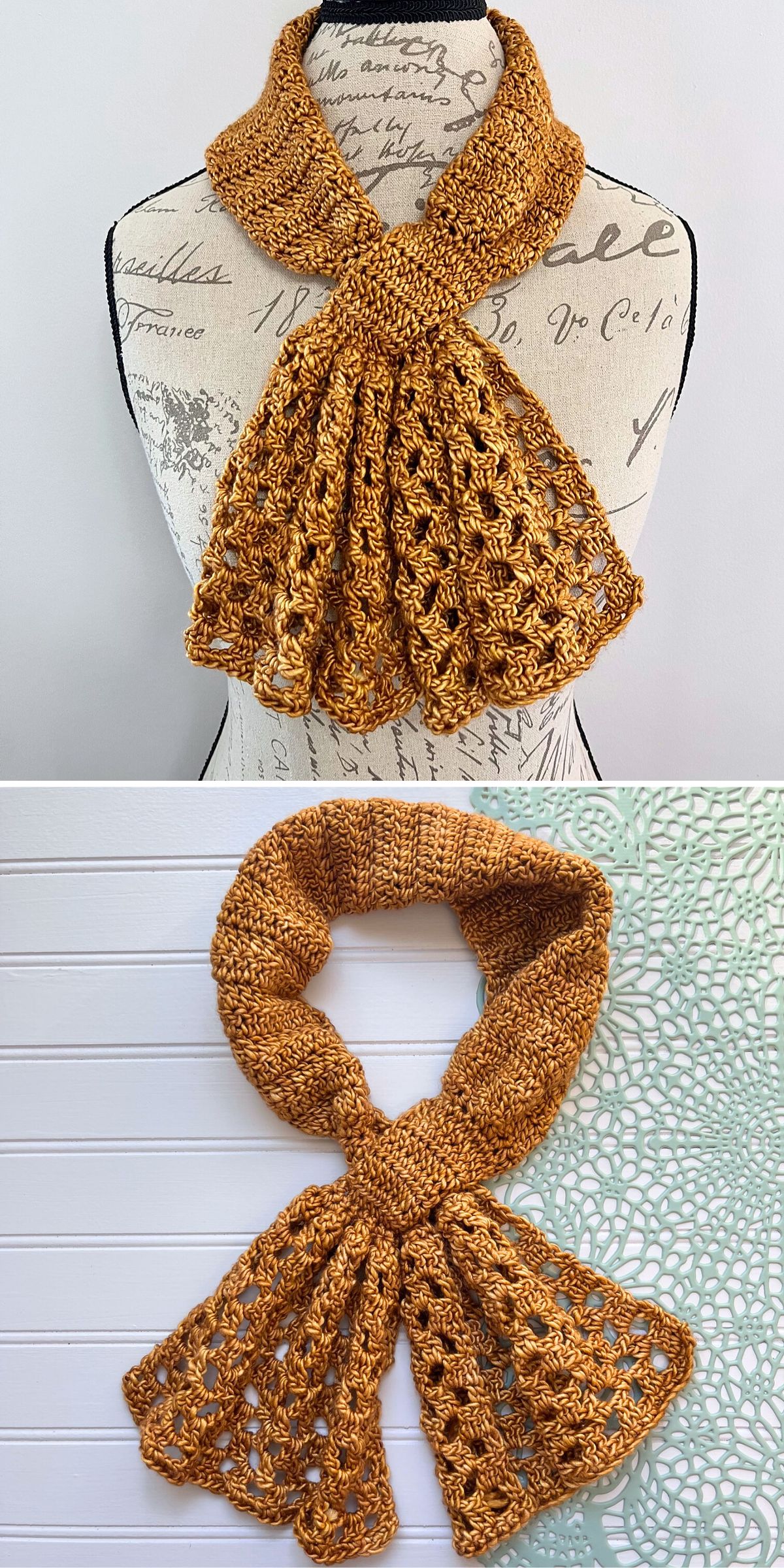 Two images of a golden brown crochet scarf with a textured pattern, displayed on a mannequin and against a white backdrop.