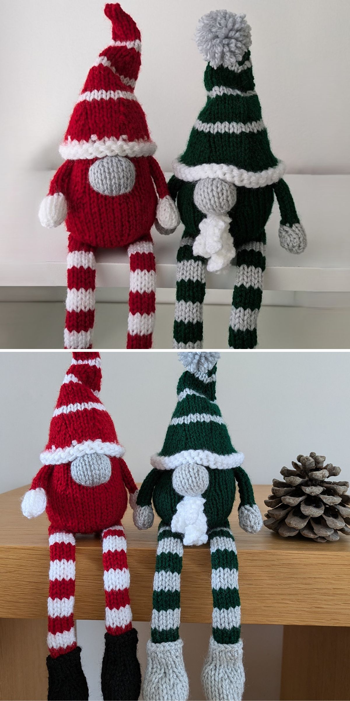 Two knitted gnomes with red and green outfits.