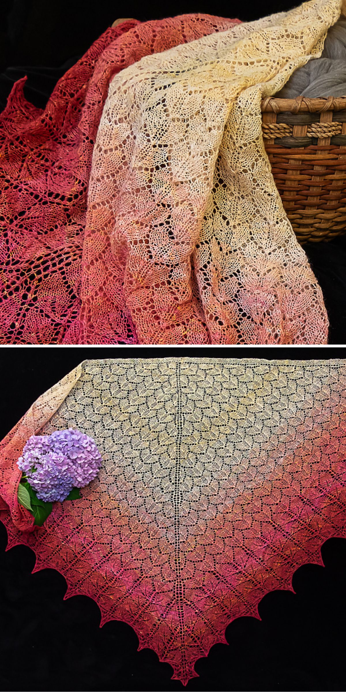 A gradient knitted shawl draped over a basket and laid flat, featuring intricate patterns and transitioning from red to yellow hues, with a purple hydrangea flower displayed.