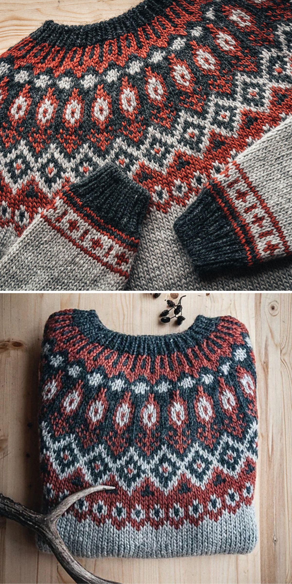 A knitted sweater with a geometric pattern in red, gray, and white on a wooden surface.