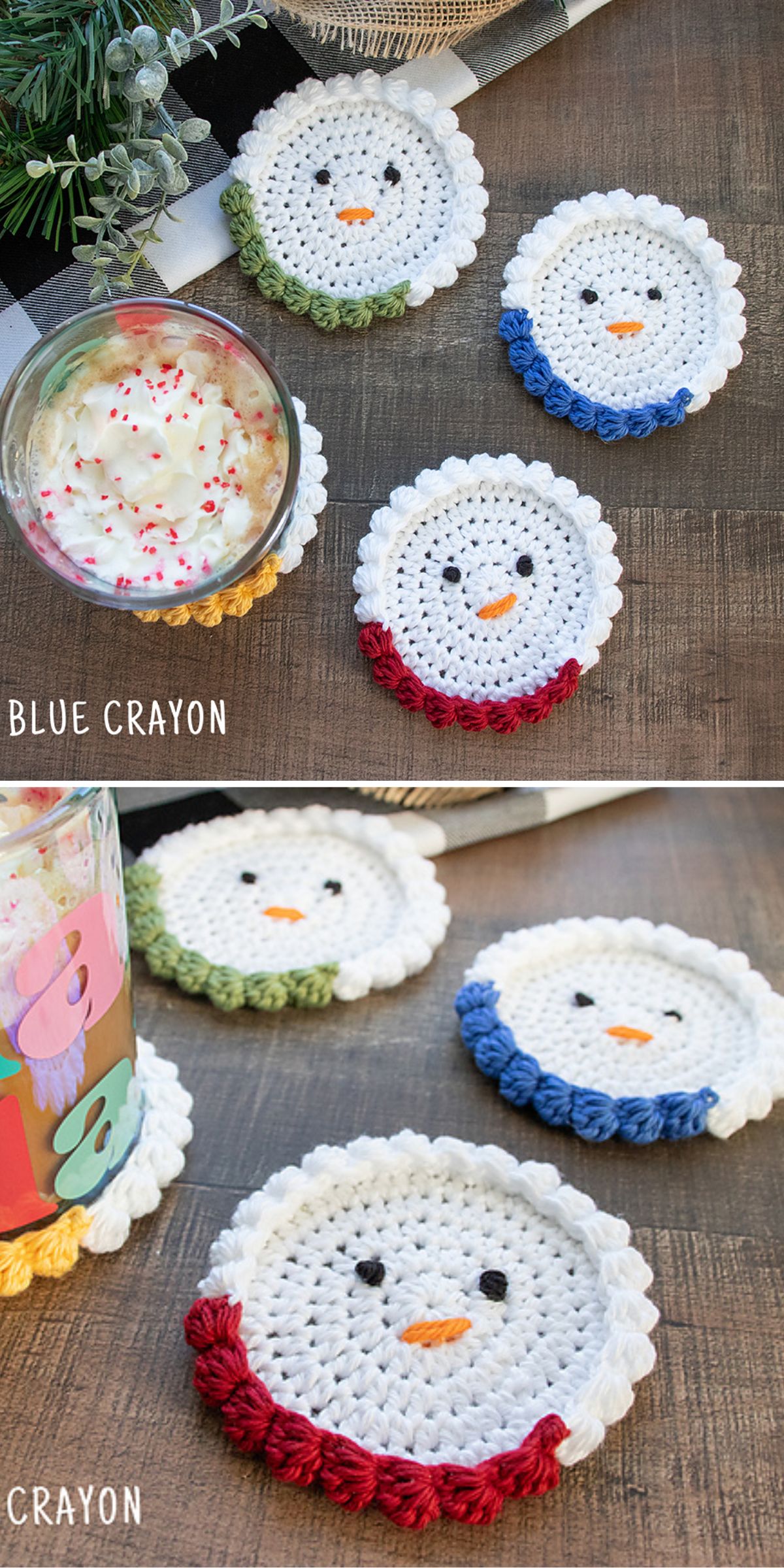 Four crochet coasters with snowman faces in green, blue, red, and yellow trims, placed around a mug with a snowy beverage and peppermint flakes.