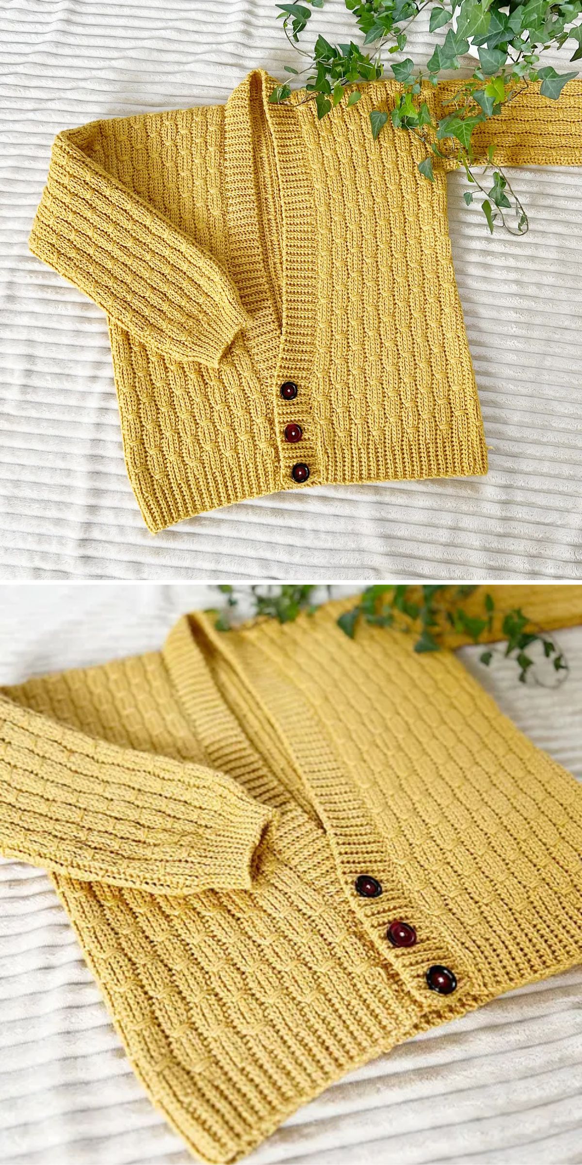 Yellow crochet cardigan with ribbed texture and dark buttons is displayed on a white surface. Green plant leaves are visible in the top corner.