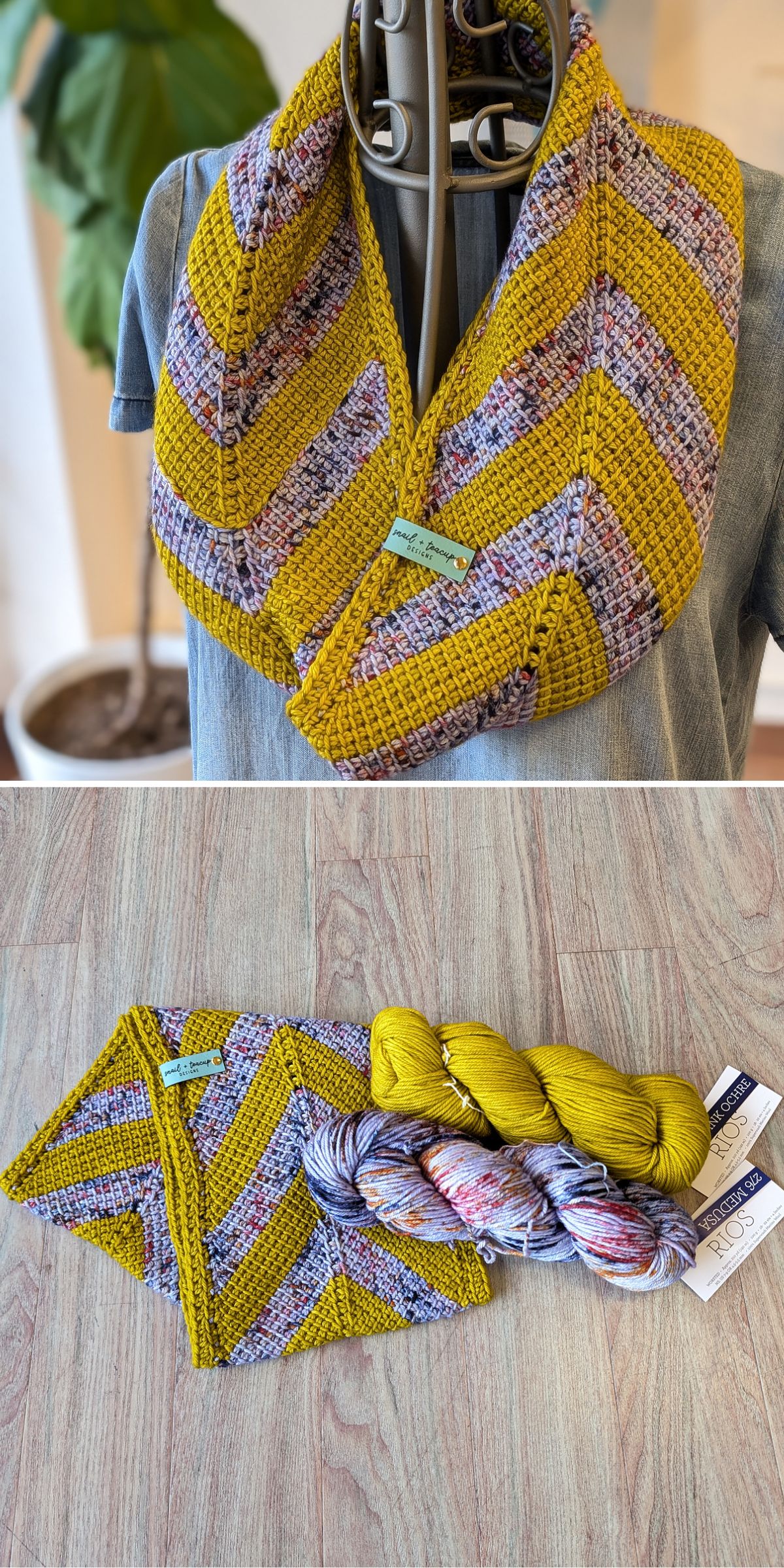 A crochet scarf with yellow and multicolored stripes displayed on a mannequin. Below are two hanks of yarn and the scarf laid flat on a wooden surface.