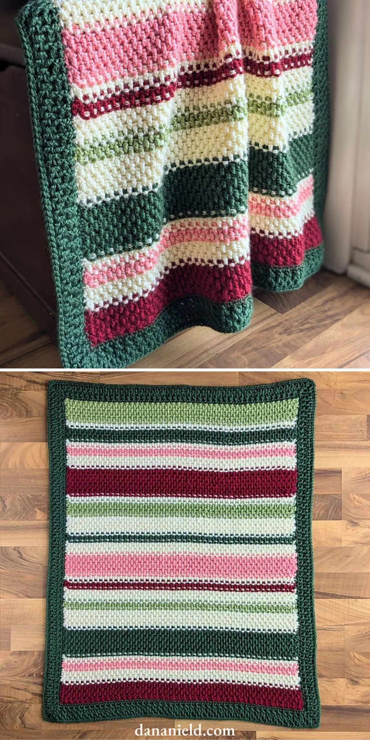 Two images of a crochet blanket with green, pink, red, and white stripes, draped over a surface and laid flat on wooden floor.