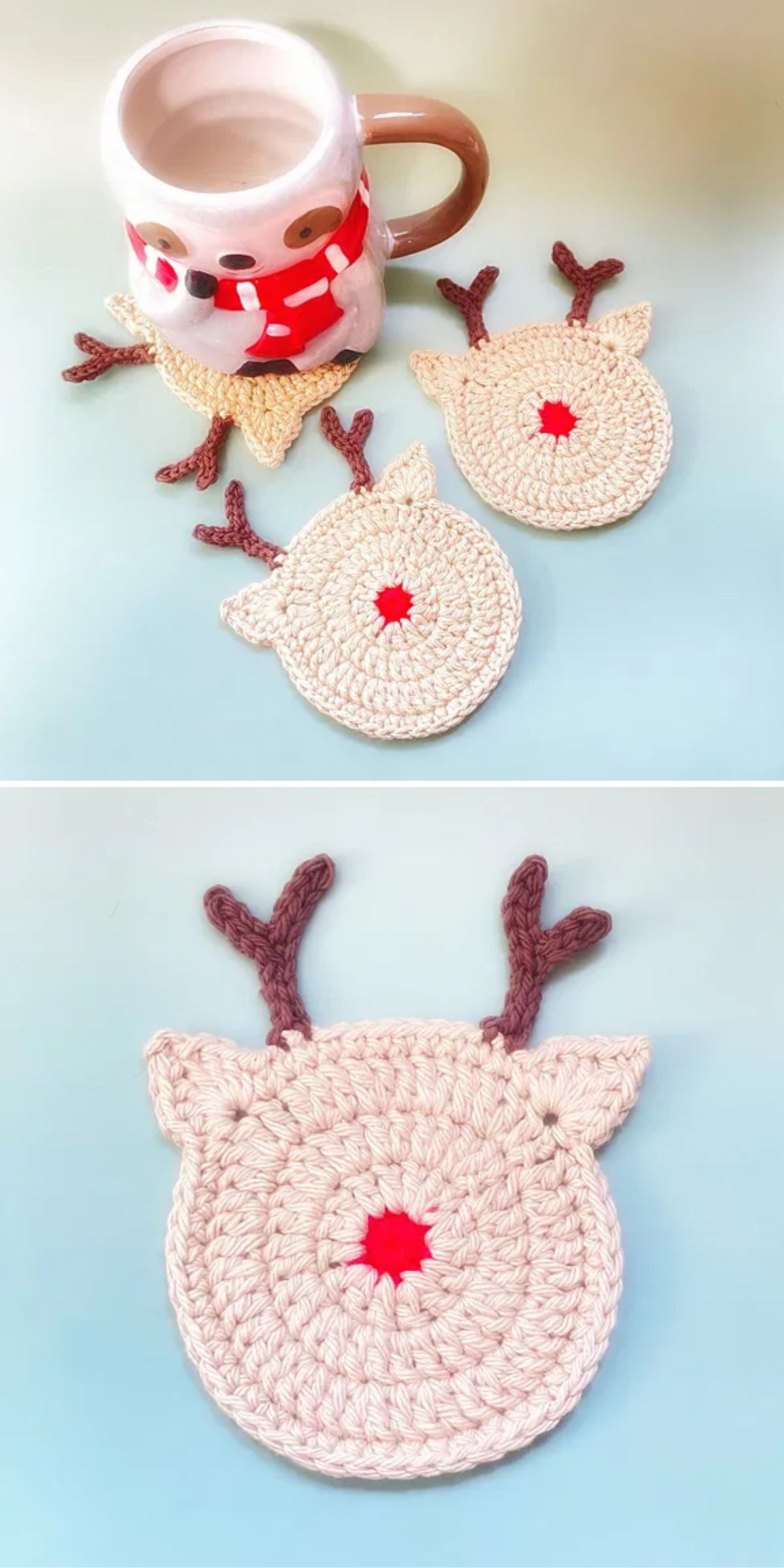 Crochet reindeer coasters with red noses, displayed with a mug in a crochet cozy.