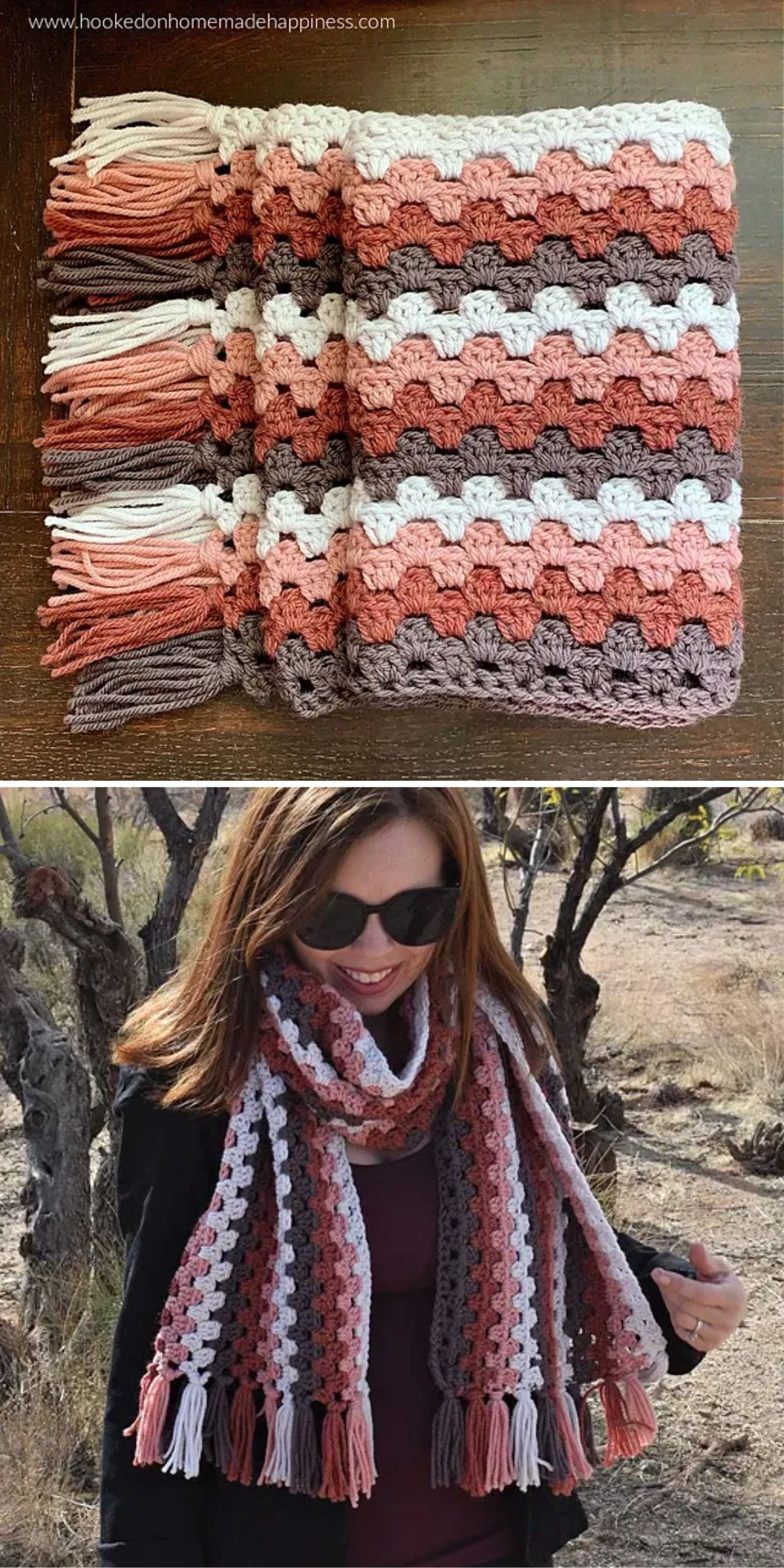 Crocheted scarf with a striped pattern in pink, brown, and white draped over a table and worn by a person outdoors.