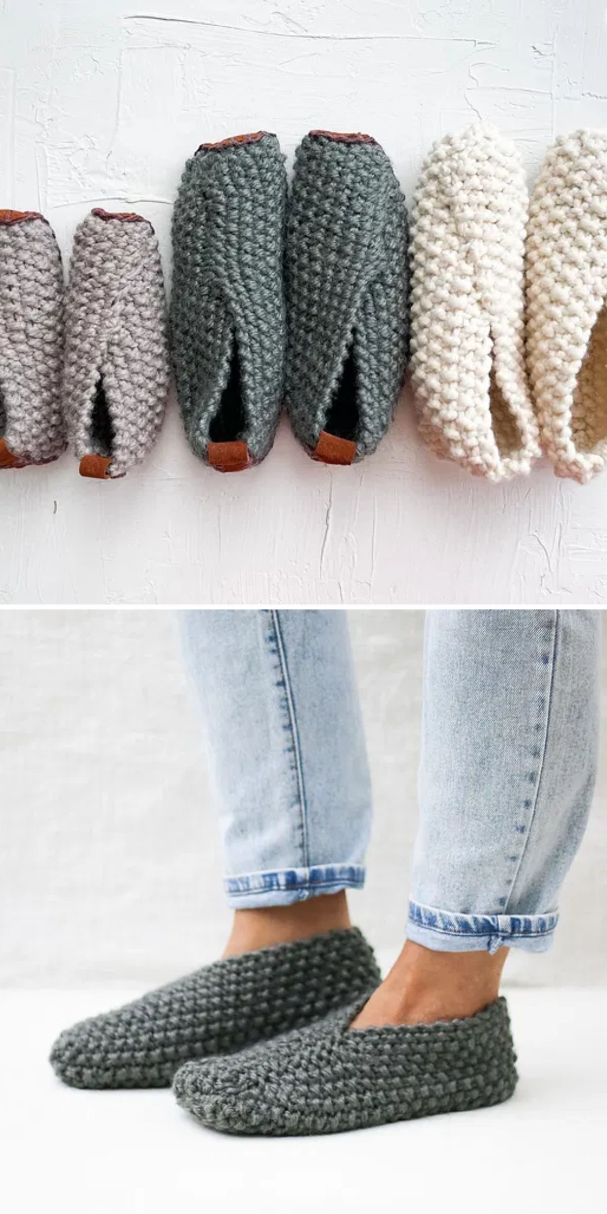 Four pairs of knitted slippers in gray, green, and cream colors hang on a wall. Below, someone wears green knitted slippers and light blue jeans.