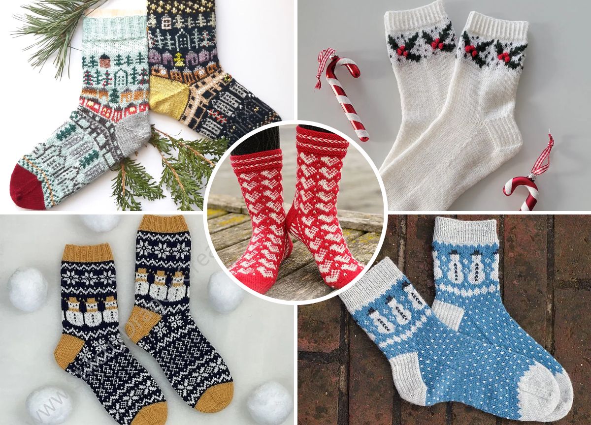 Five pairs of colorful, patterned winter knit socks displayed in a collage, each featuring festive designs like snowflakes, reindeer, and holiday motifs.