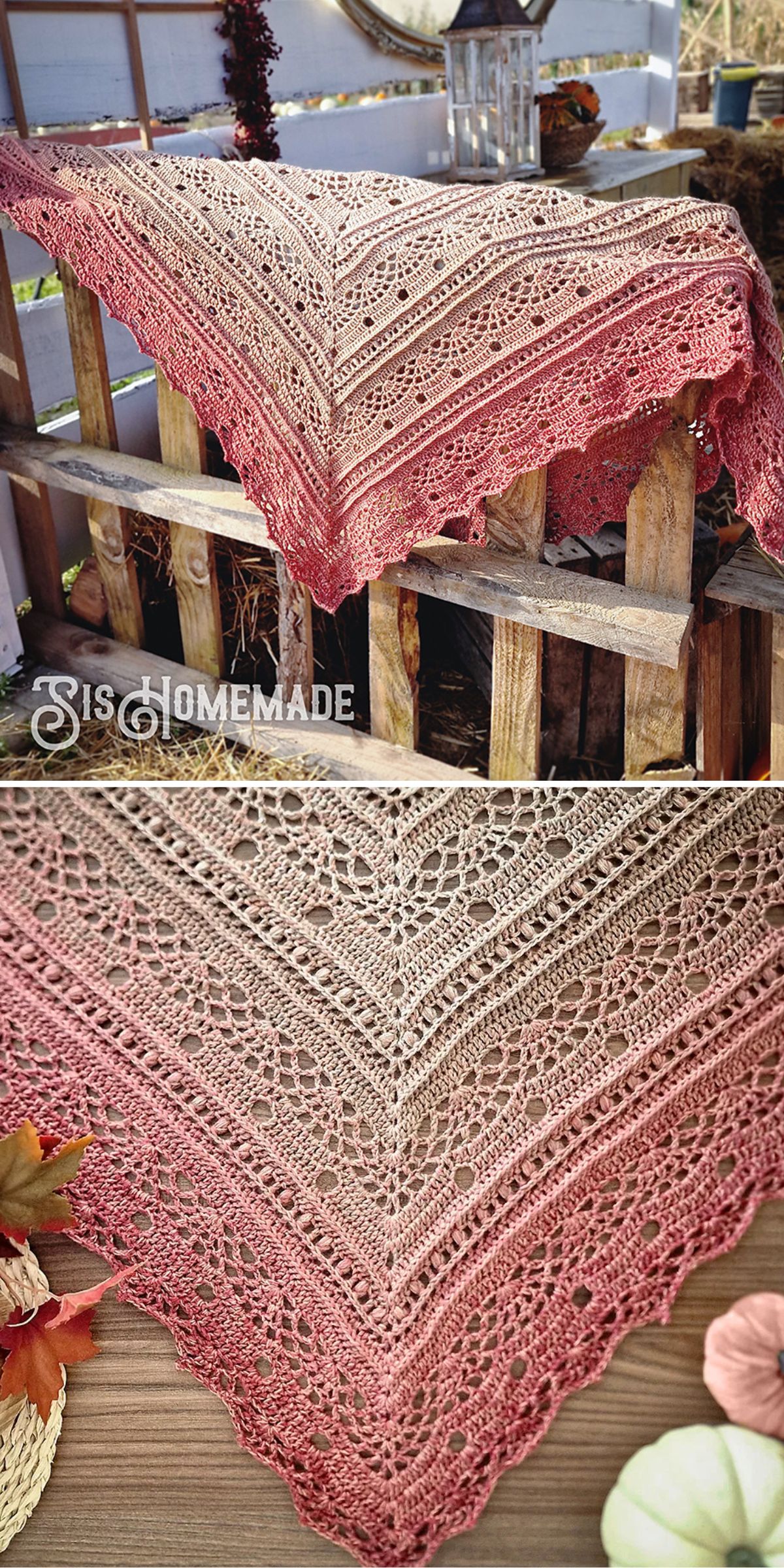 A delicate, triangular crocheted shawl in gradient shades of pink draped over a wooden fence. Decorative lace patterns are visible on the fabric.