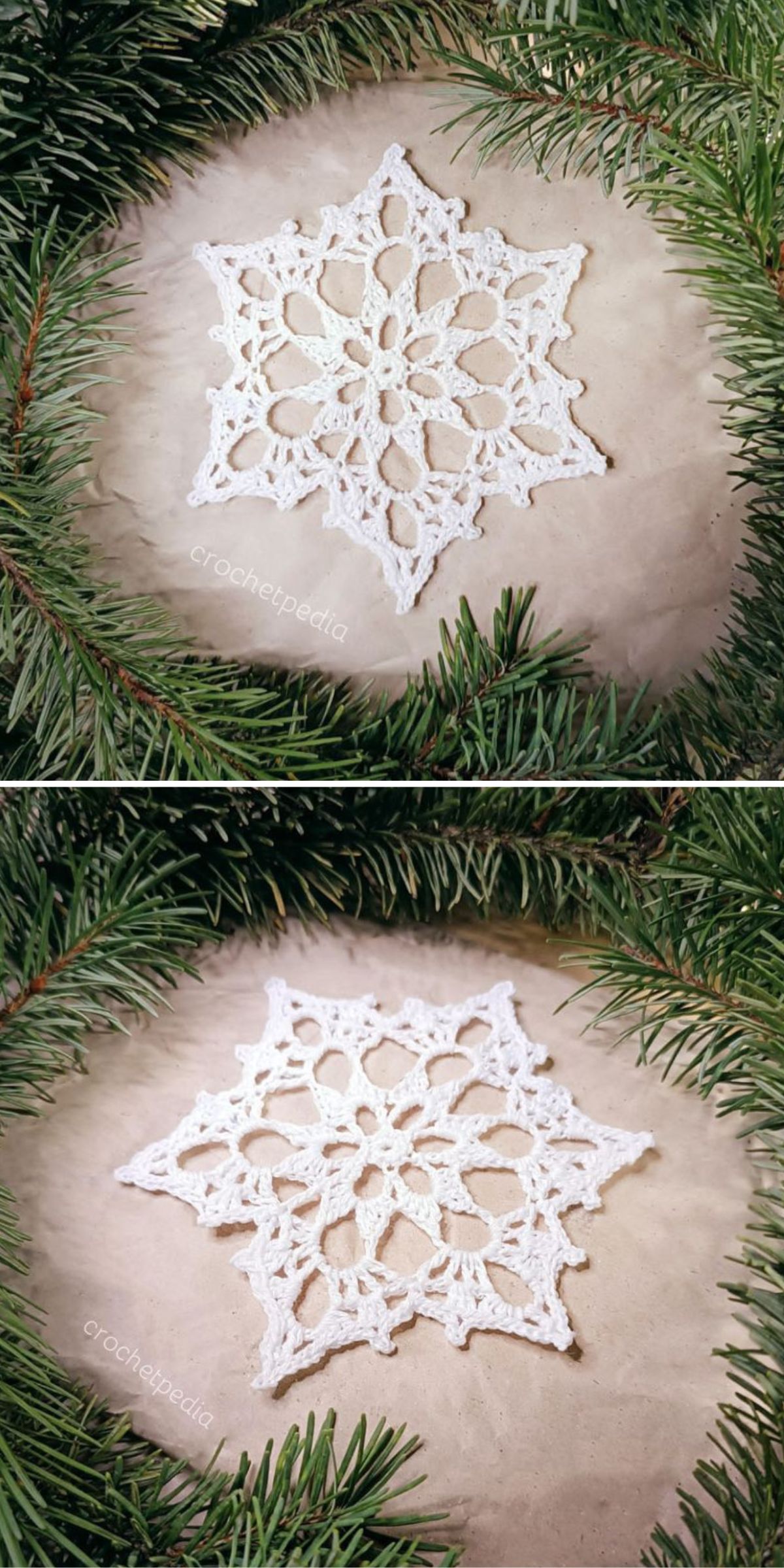 Two images of a white crocheted snowflake decoration placed on parchment paper, surrounded by green pine branches.