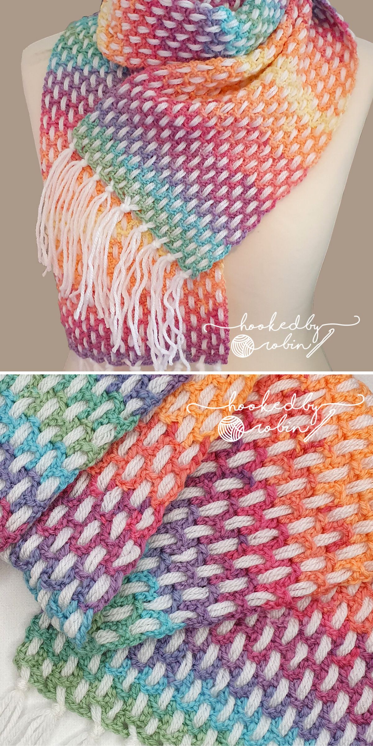 A woven scarf in rainbow colors with white fringe is displayed on a mannequin. Close-up shows detailed interlocking pattern.