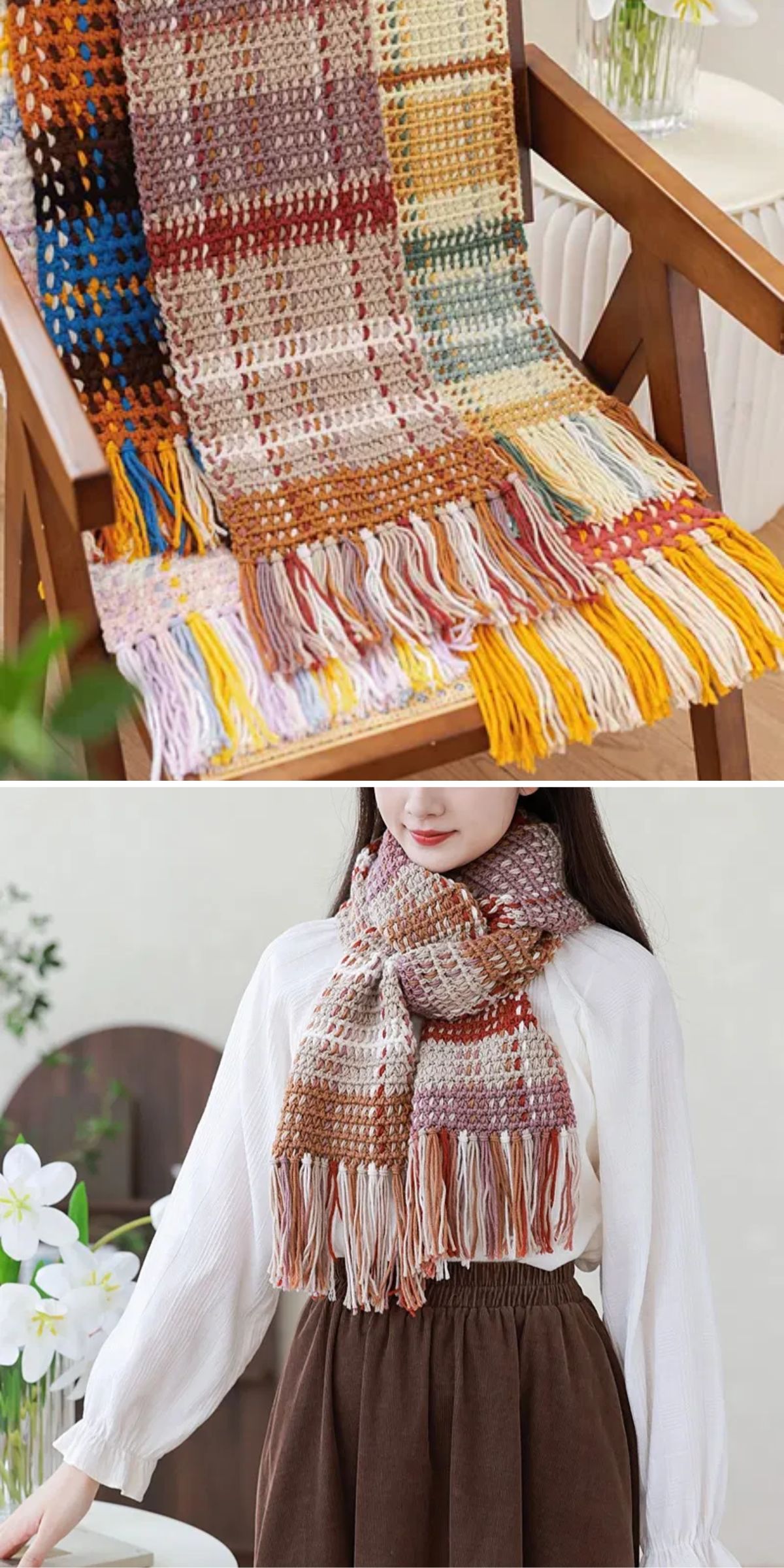 A colorful knitted scarf with fringes is draped over a chair. Below, a person wearing a similar scarf over a white blouse and brown skirt stands in a room with flowers.