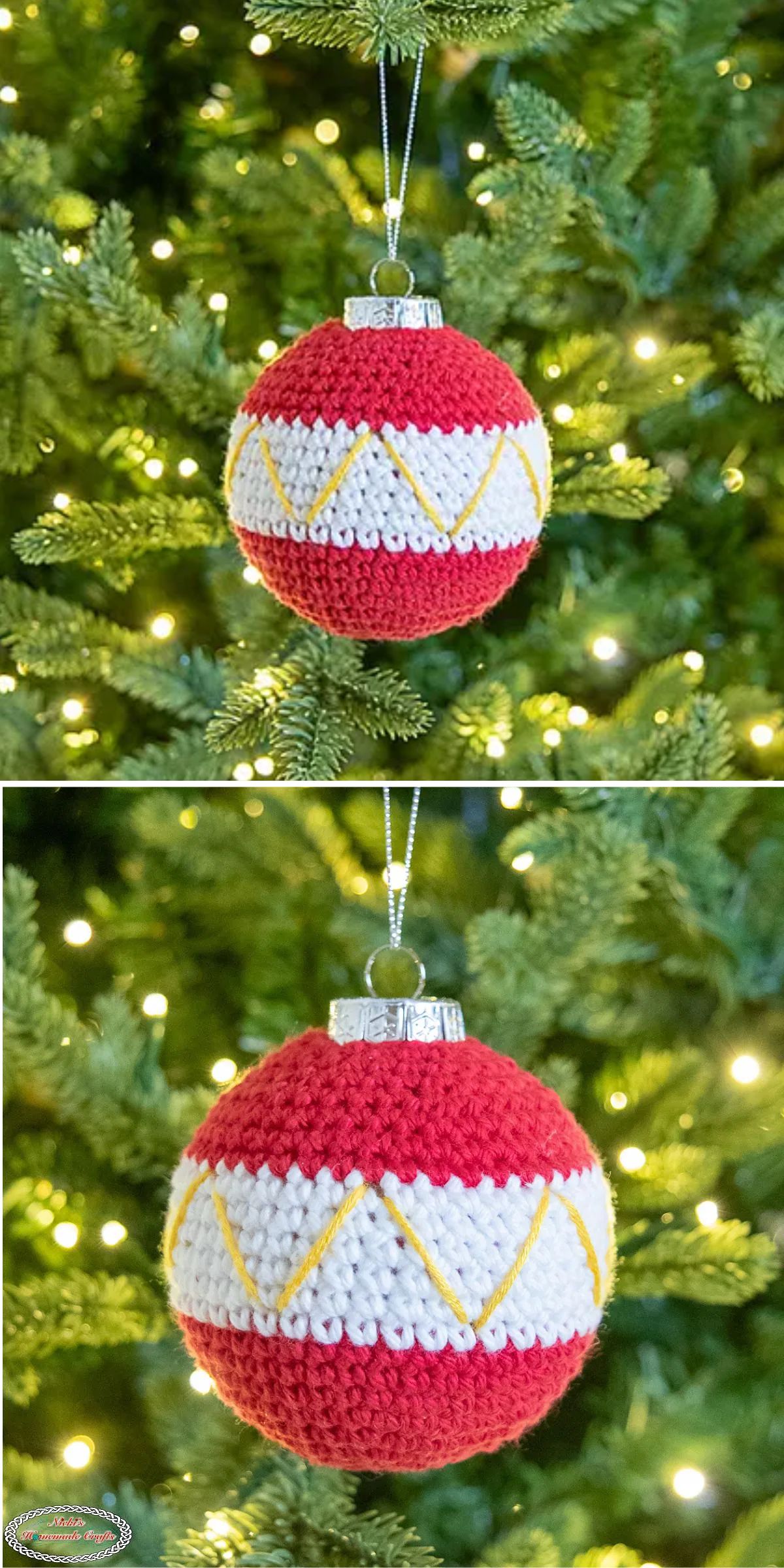 A crochet red and white Christmas ornament with yellow zigzag pattern hangs on a green, lit Christmas tree.