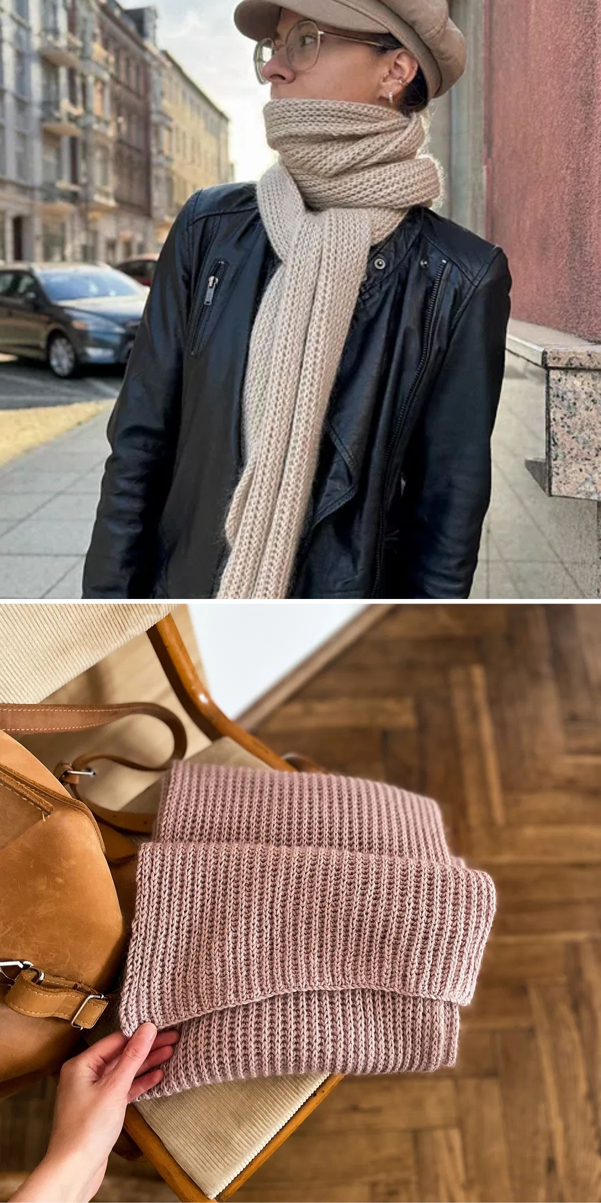 Person wearing a beige knitted scarf and hat on a street. Below, a folded beige scarf is being placed in a bag.