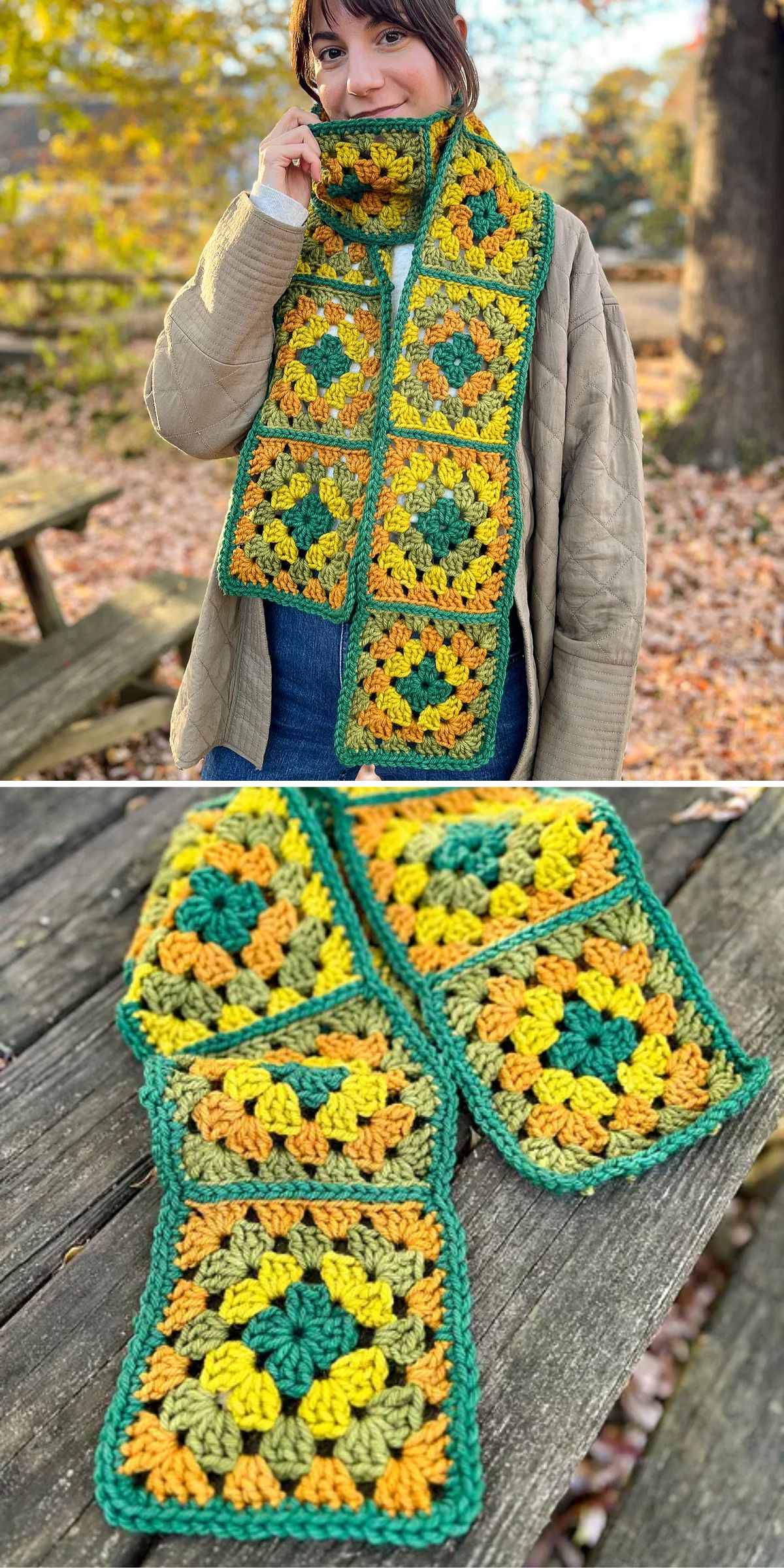 A person wears a crocheted scarf with green, yellow, and orange granny squares. A close-up shows the scarf's detailed pattern on a wooden surface.
