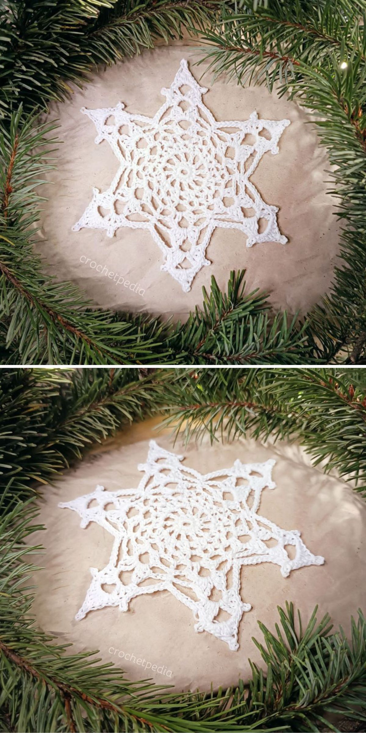 Two crochet snowflakes placed within green pine branches on a beige surface.