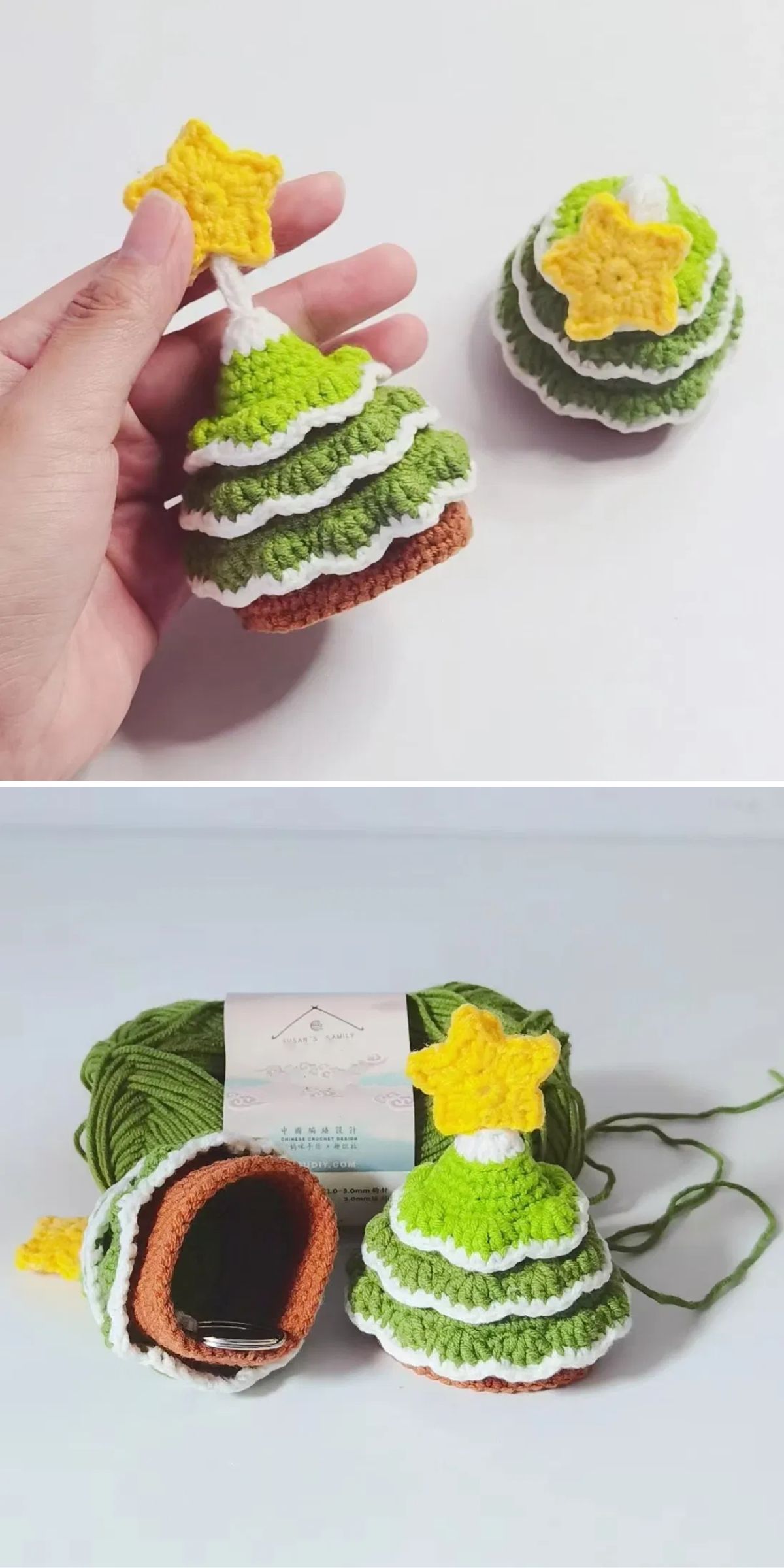 Two crochet Christmas tree ornaments, one held in a hand and one beside yarn. Both are green with white trim and topped with a yellow star.