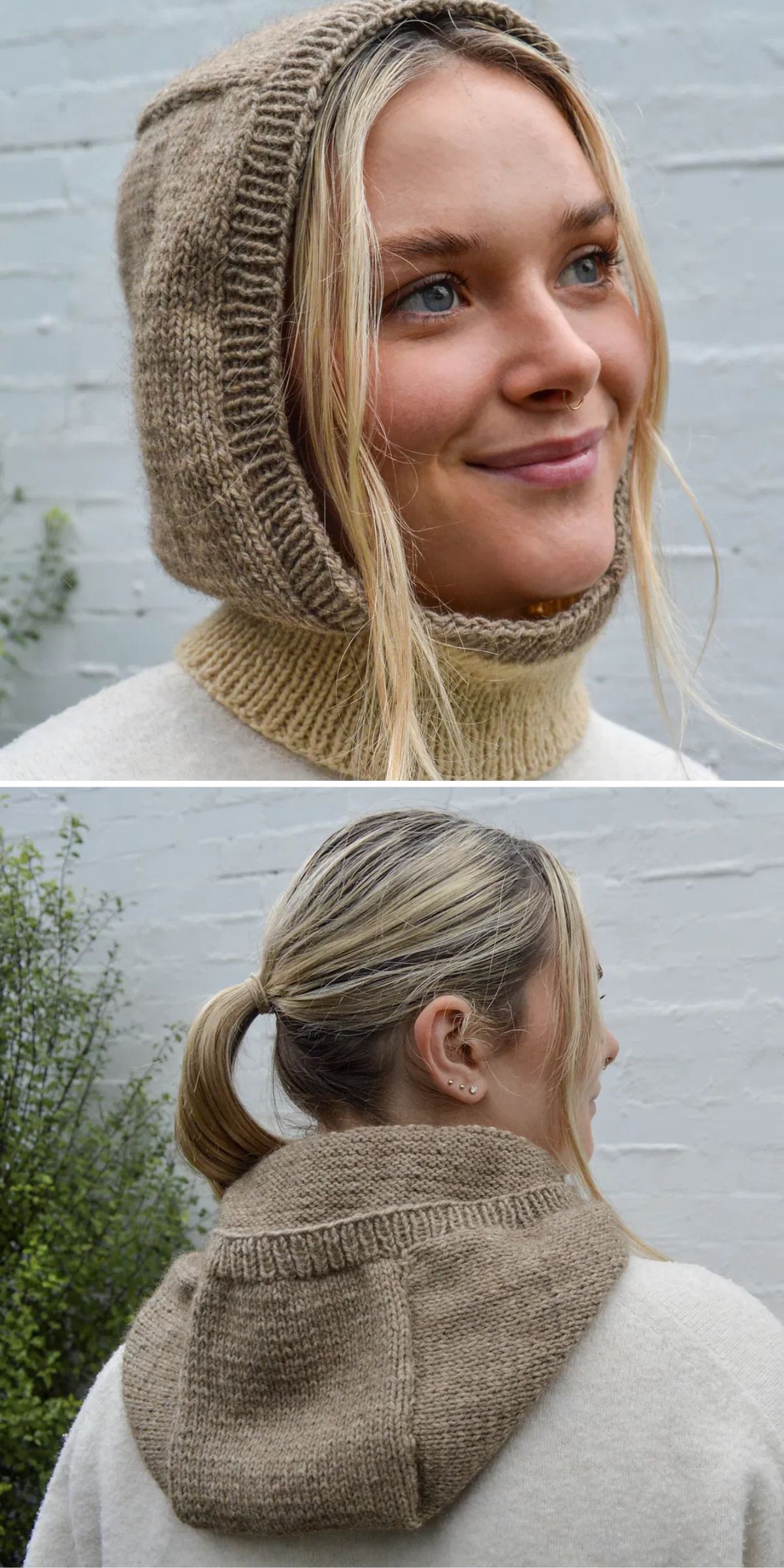 A person wearing a knitted hood in a neutral color is shown from the front and back. The hood is paired with a sweater against a brick background.