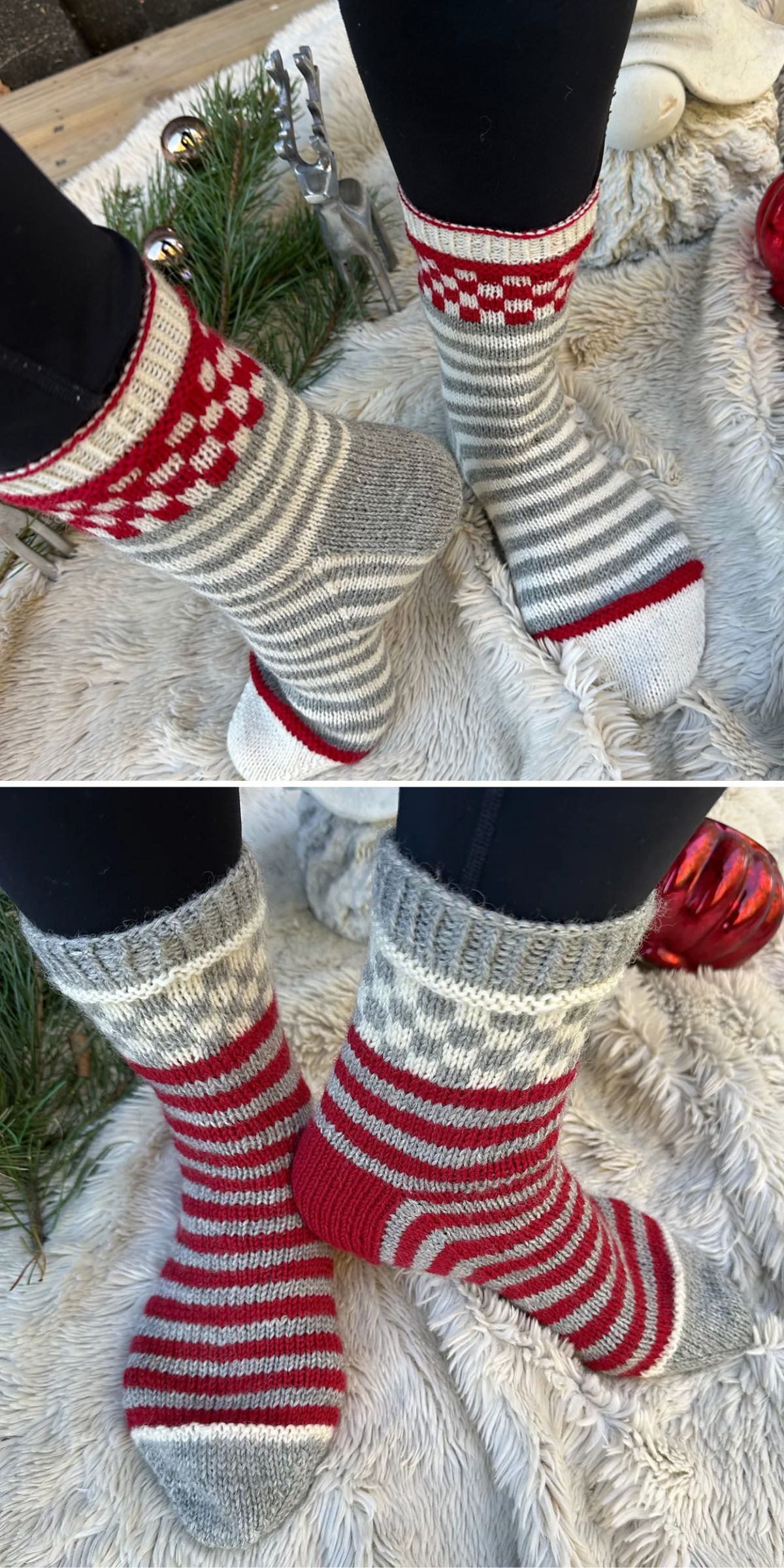 Two images show feet wearing festive red, gray, and white knit socks with different patterns. They are resting on a soft blanket with pine branches and a red ornament nearby.