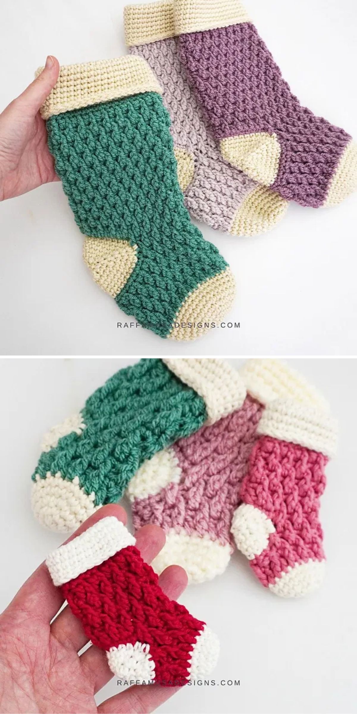 Hand holding two pairs of crochet stockings in green, purple, red, and pink, with cream accents.