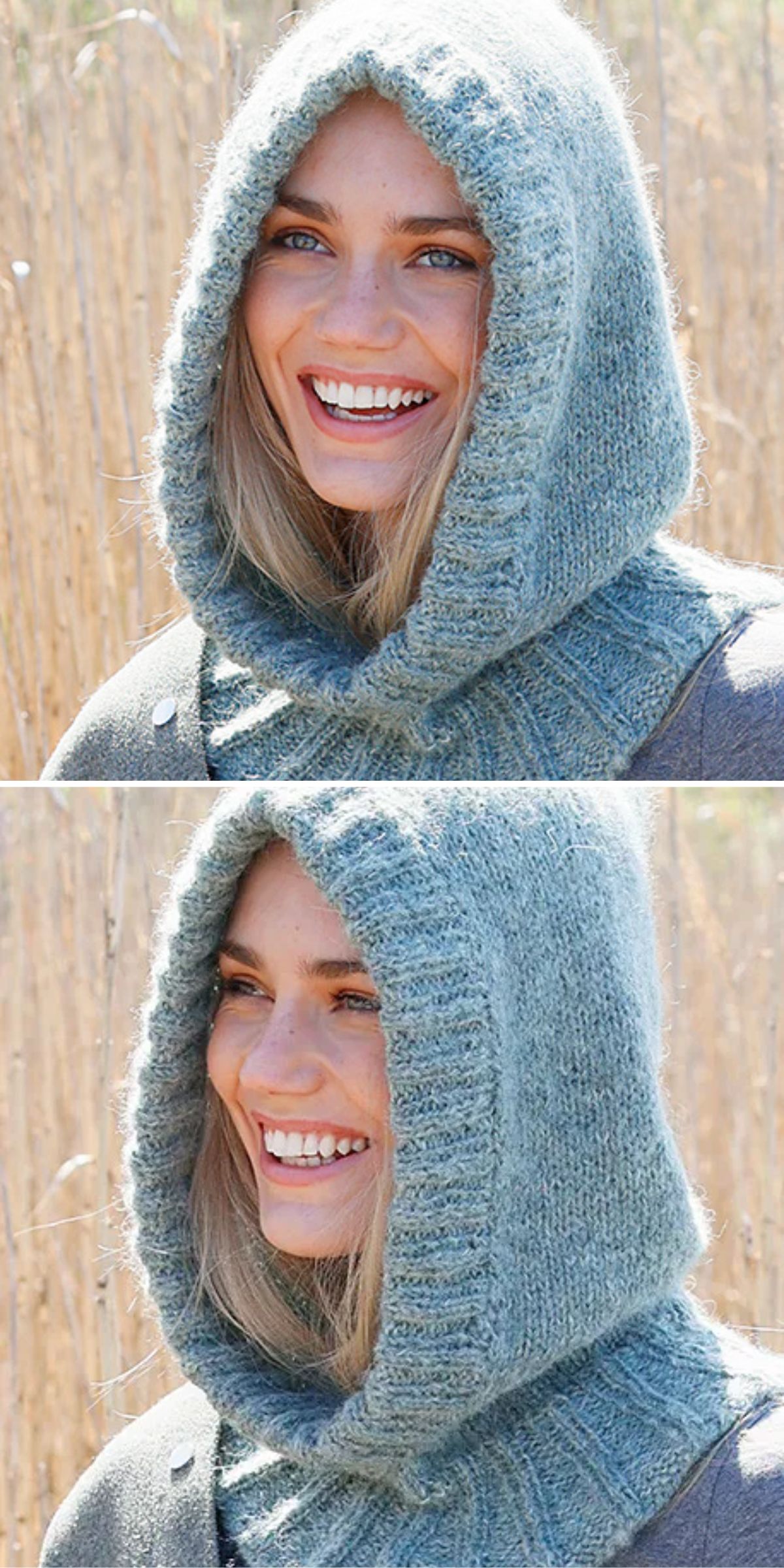 A person wearing a knitted hood smiles outdoors.