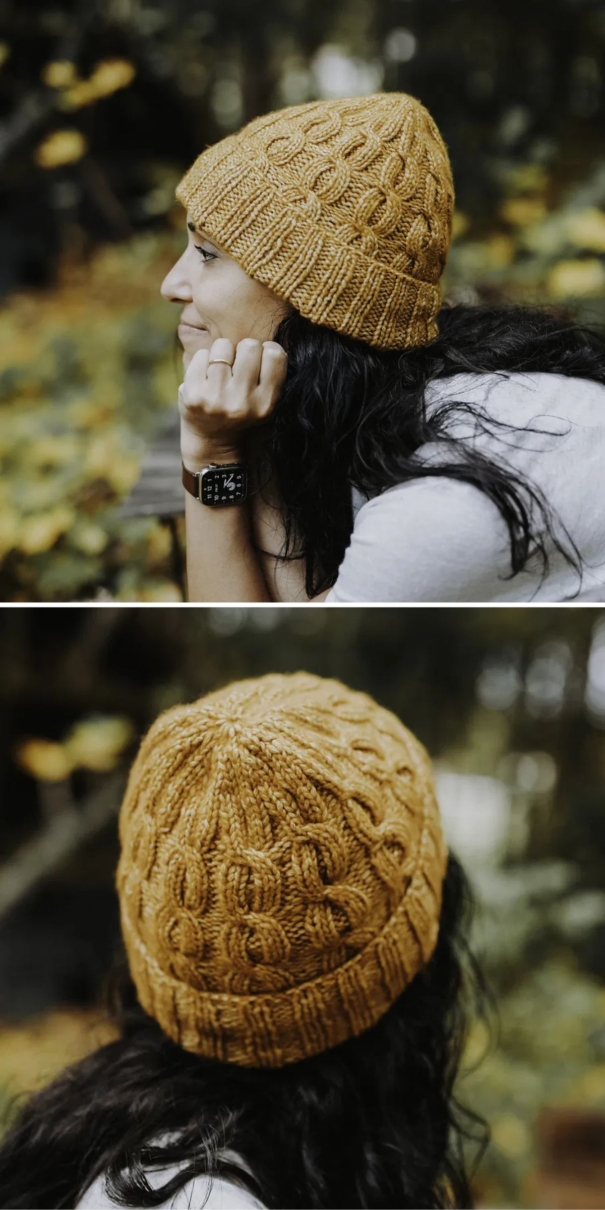 A person with long dark hair wears a yellow knitted hat, resting their chin on their hand. The background is blurred foliage.
