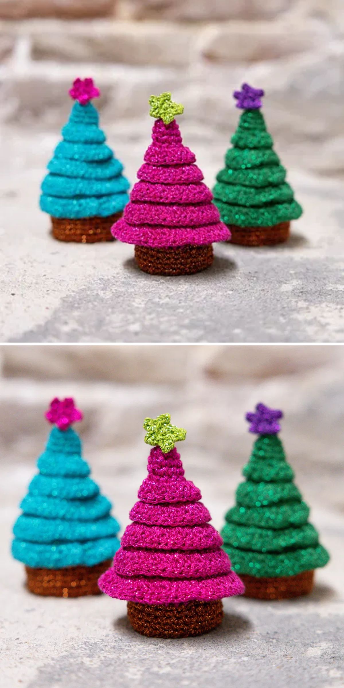 Three colorful, crochet Christmas tree ornaments with stars on top, featuring pink, blue, and green colors, are displayed on a textured surface.