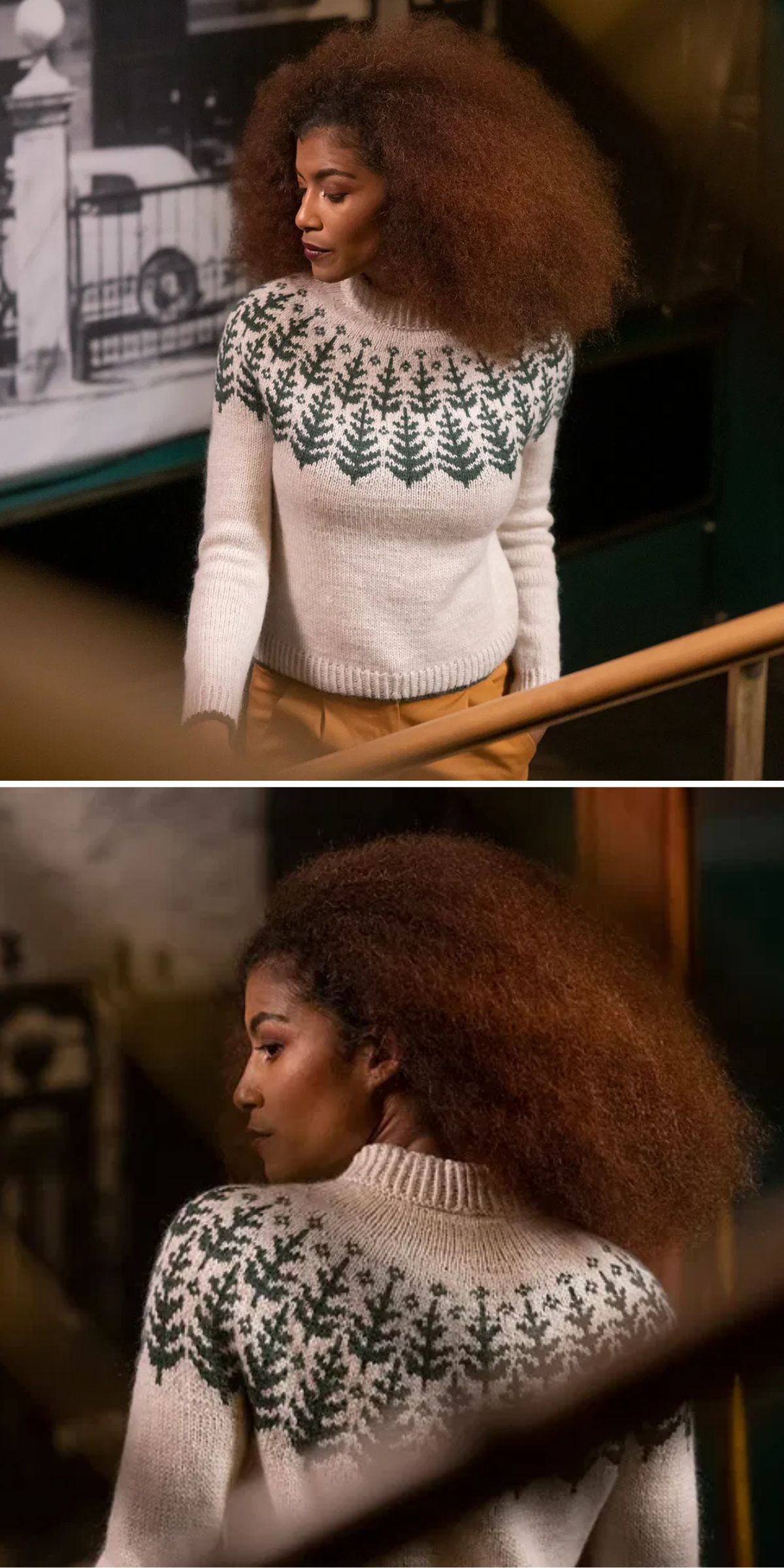 Person wearing a white sweater with green patterns stands on a staircase, looking to the side.