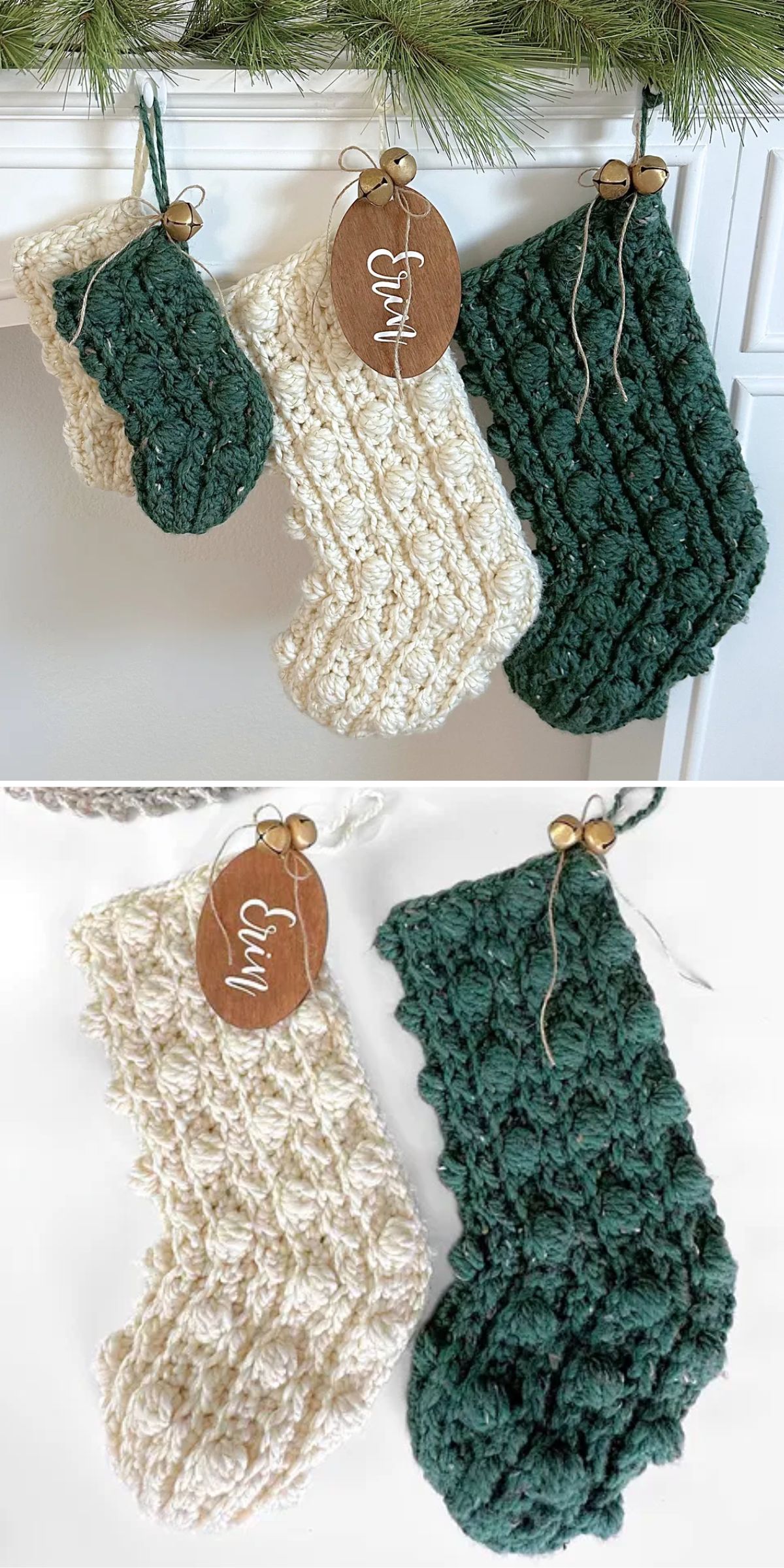 Three crochet stockings, two green and one white, hang from a mantle with wooden name tags, under a garland of greenery.