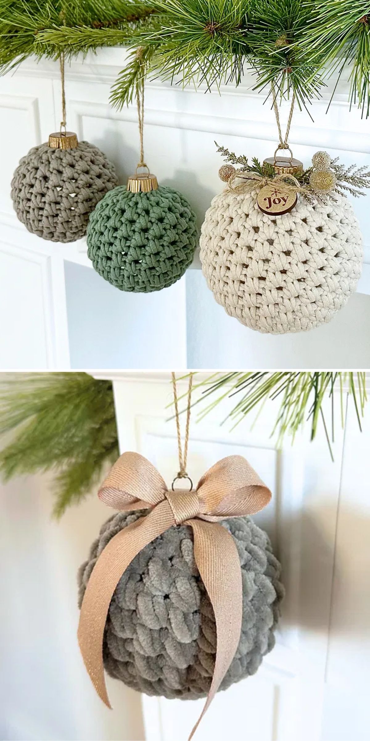 Crochet ornaments hang from a pine branch, including green, beige, and gray designs, with one featuring a ribbon and a "Joy" tag.