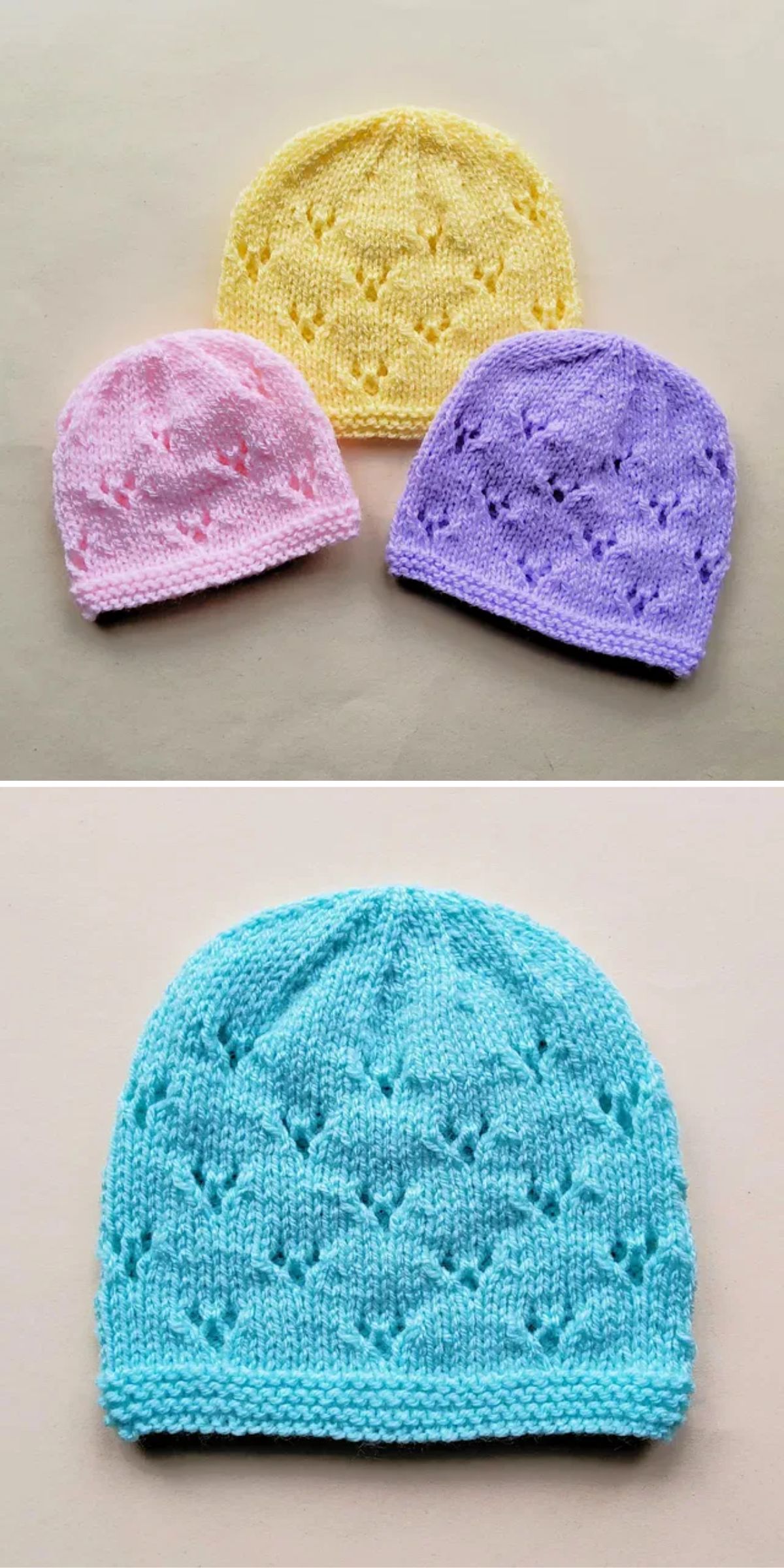 Two images show knitted baby hats in pastel colors: the top image has yellow, pink, and purple hats; the bottom image features a single blue hat. All hats have a decorative pattern.