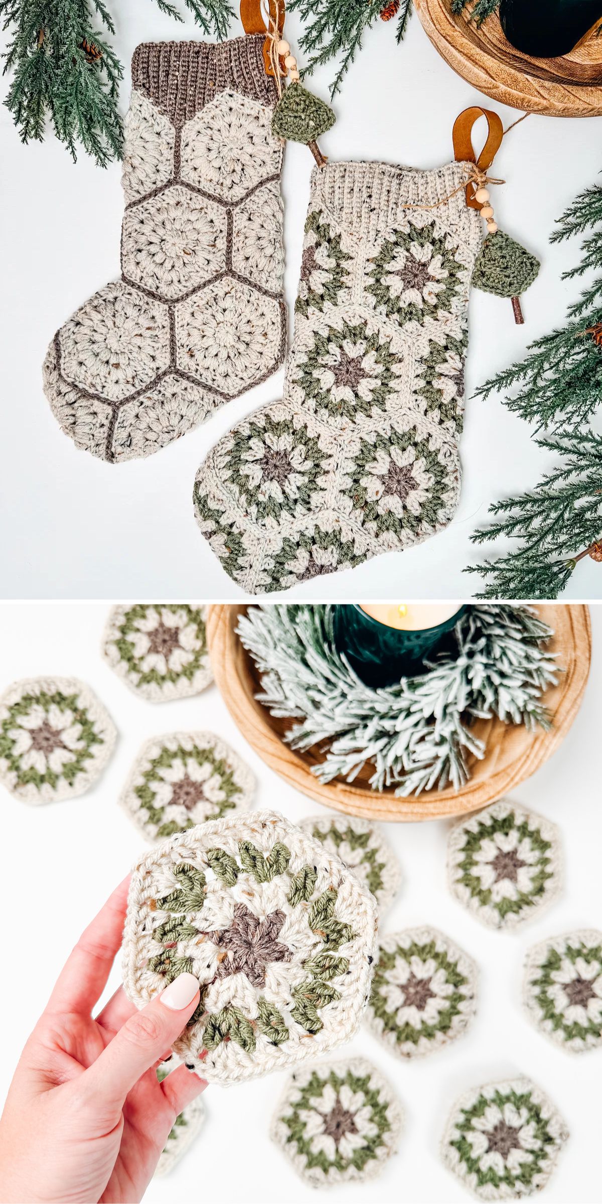 Two crochet stockings with hexagonal patterns hang beside pine branches. Below, a hand holds a hexagonal crochet piece resembling others spread on a table with pine decorations.