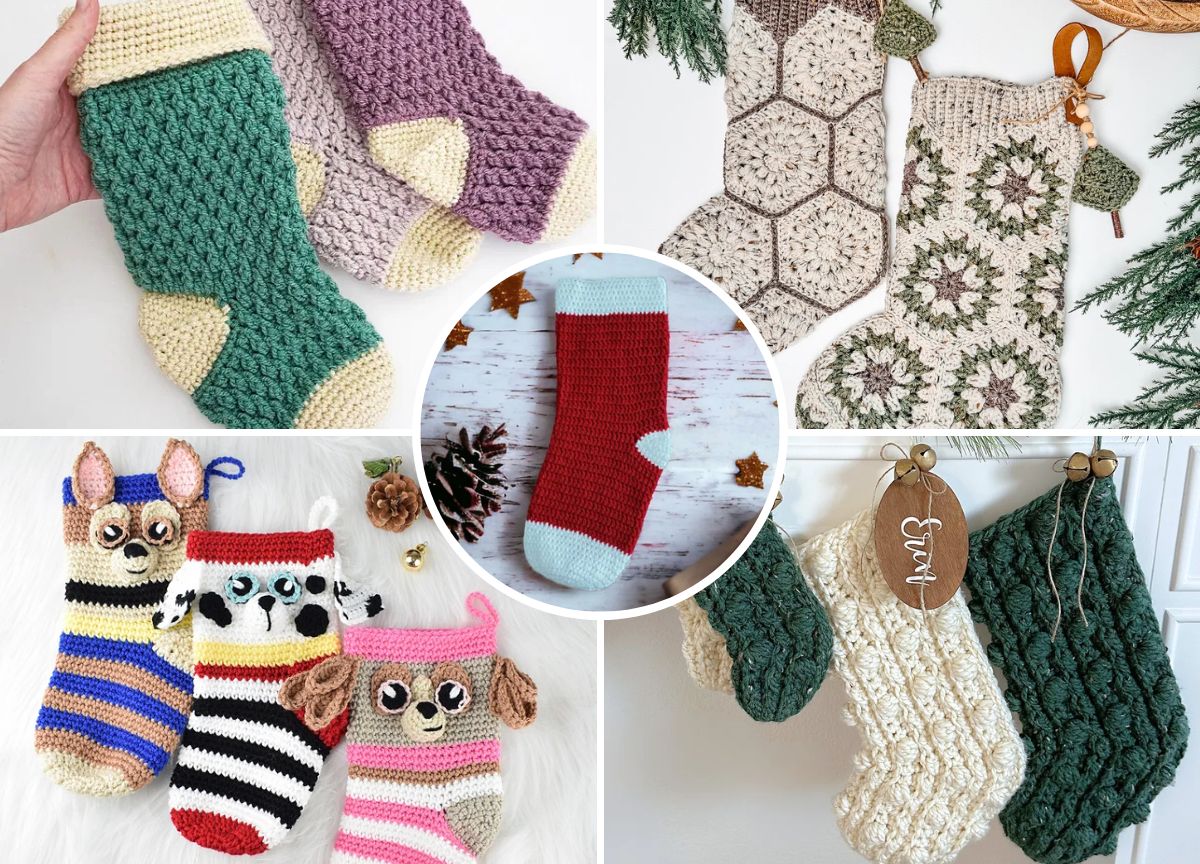 A collage of various crochet stockings in different colors and patterns.