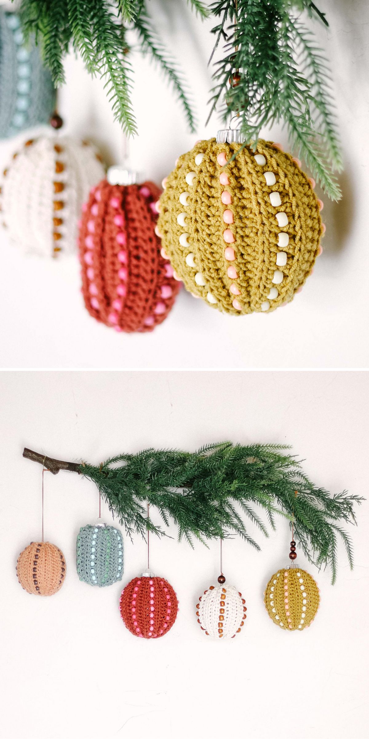 A set of four crochet Christmas ornaments hanging from branches, each decorated with colorful beads in white, pink, and gold tones.