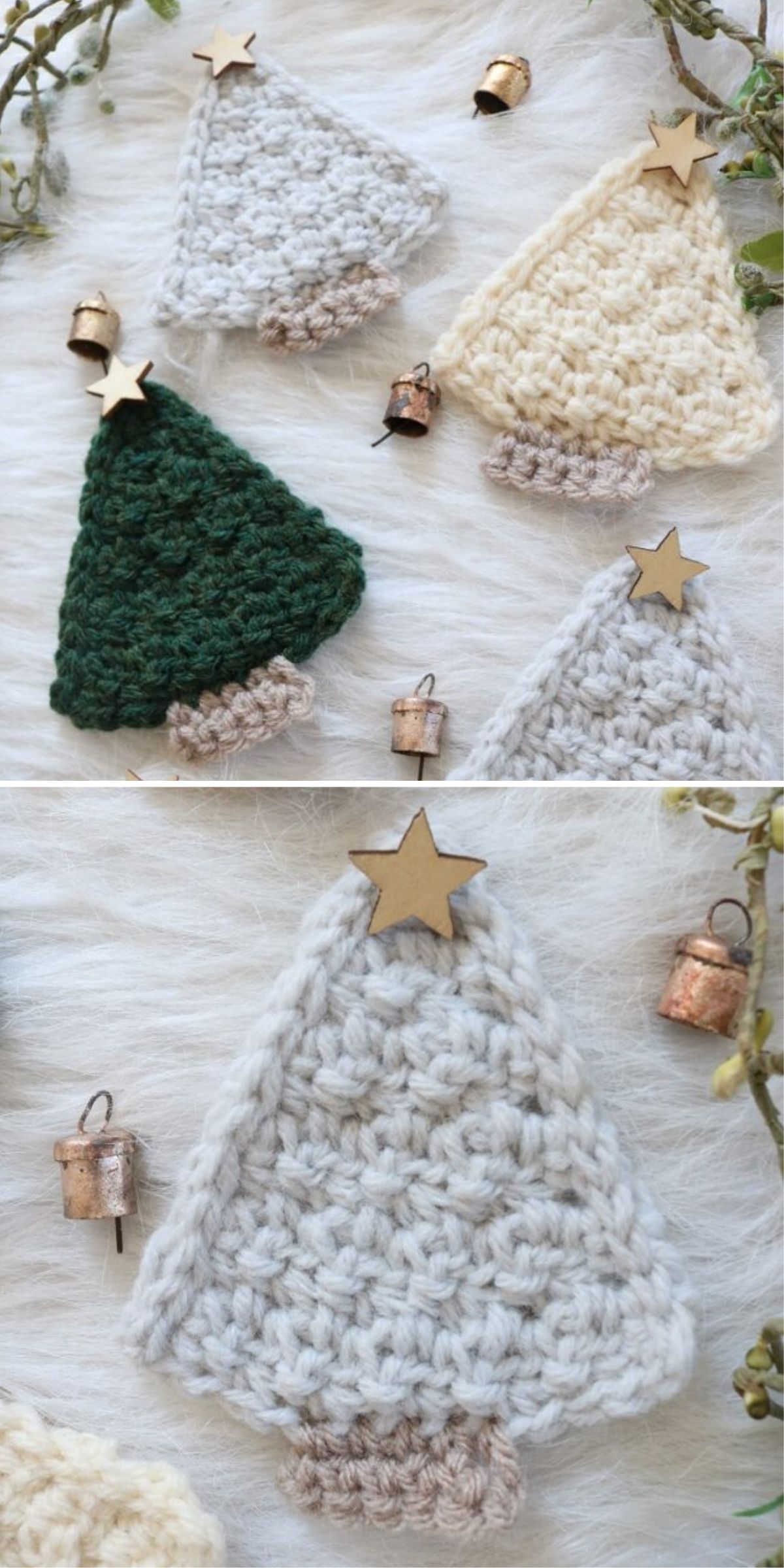 Crochet Christmas tree ornaments with stars on top, in green, white, and cream colors, surrounded by small bell decorations.