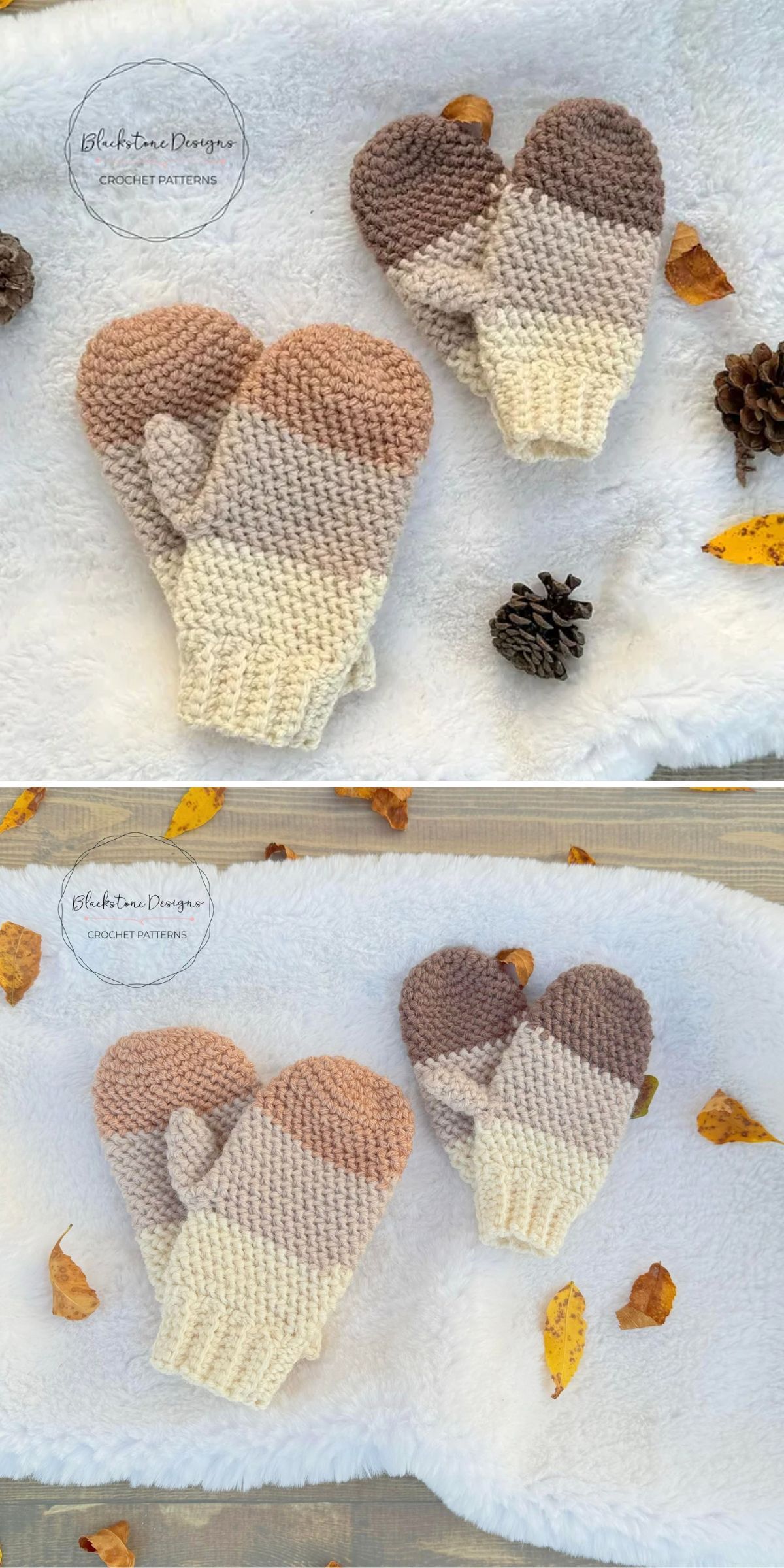 Two pairs of crocheted mittens in shades of brown and cream are displayed on a white surface, surrounded by autumn leaves and a pinecone.