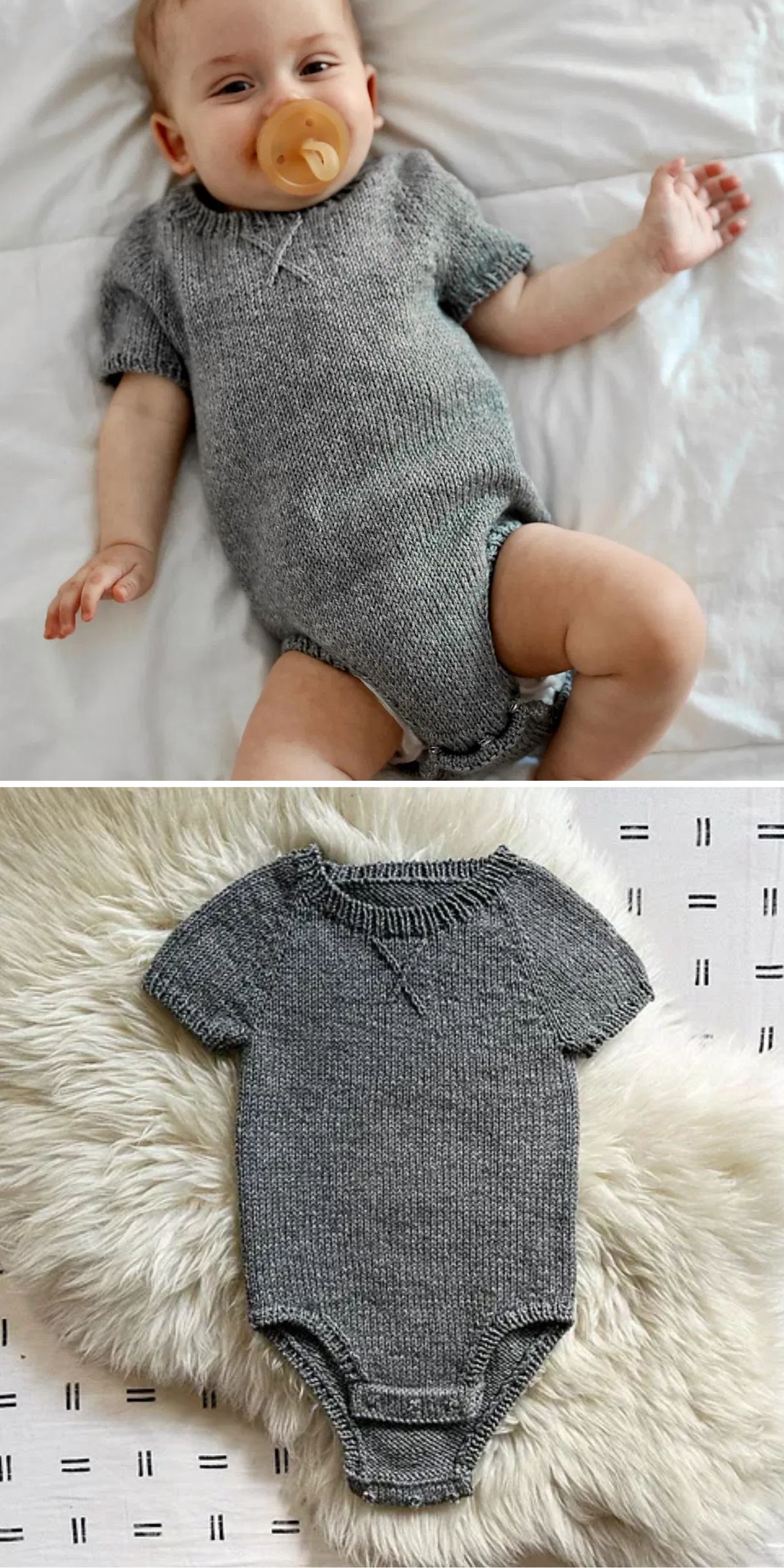 Top image: Baby lying on a bed with a pacifier, wearing a knitted gray onesie. Bottom image: Gray knitted onesie displayed on a white faux fur surface.