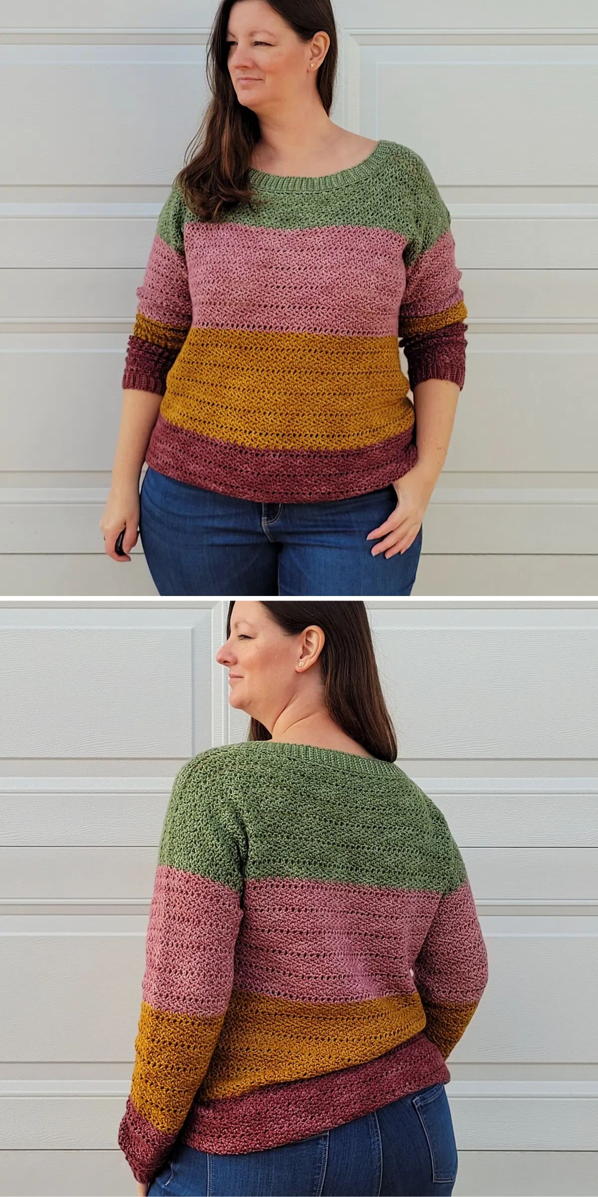 Woman wearing a multicolored crochet sweater with horizontal stripes in green, pink, burgundy, and yellow stands in front of a white wall. She's wearing blue jeans and has long brown hair.