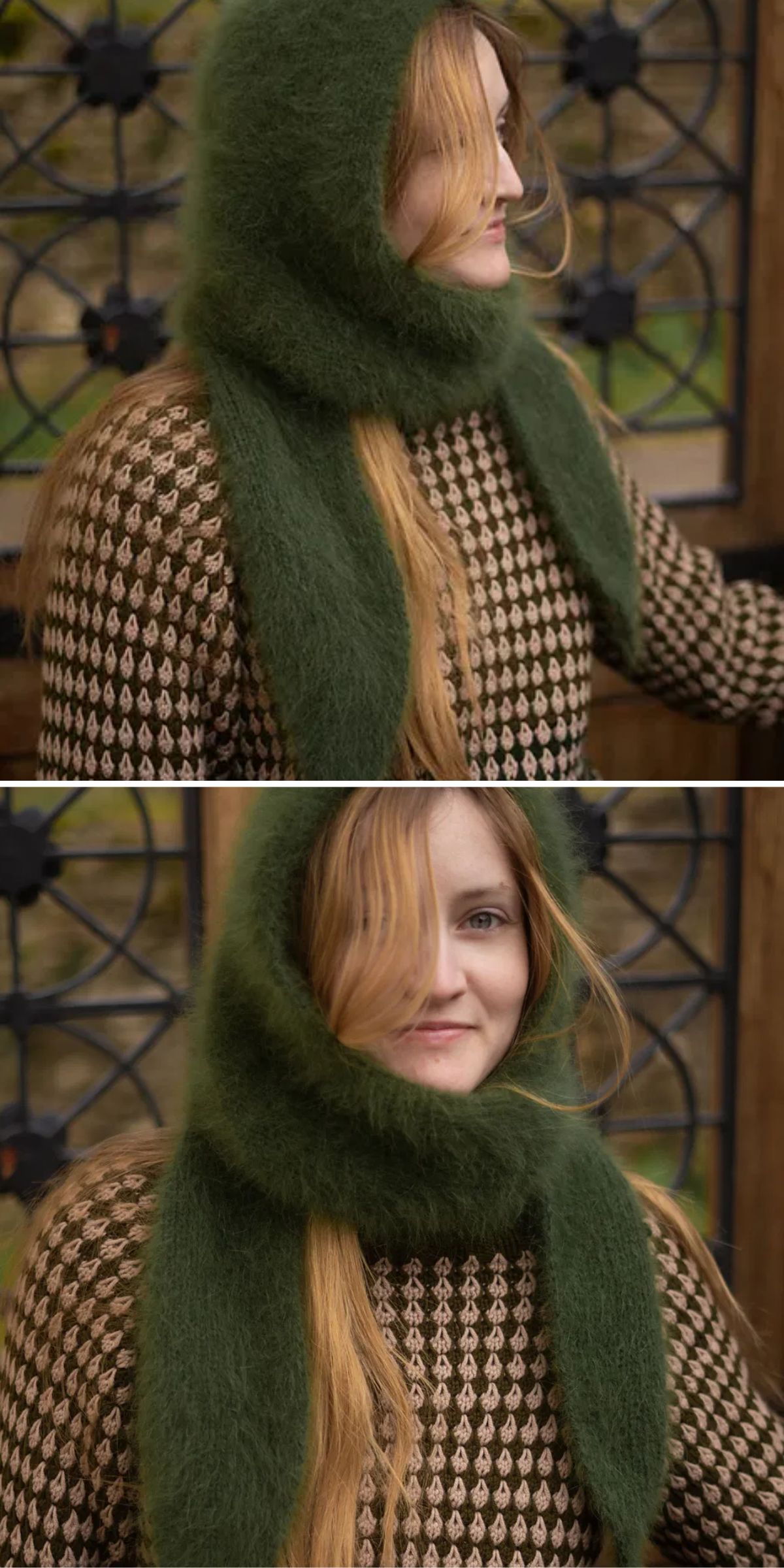 A woman wearing a green knitted hooded scarf and patterned sweater stands in front of a wrought iron gate.