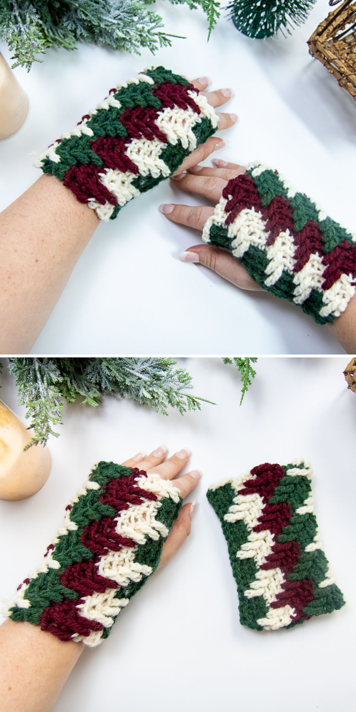 Two hands wearing crochet fingerless gloves in green, red, and white, with a Christmas tree pattern. Gloves are displayed flat in a second image. Decorations and plants surround them.