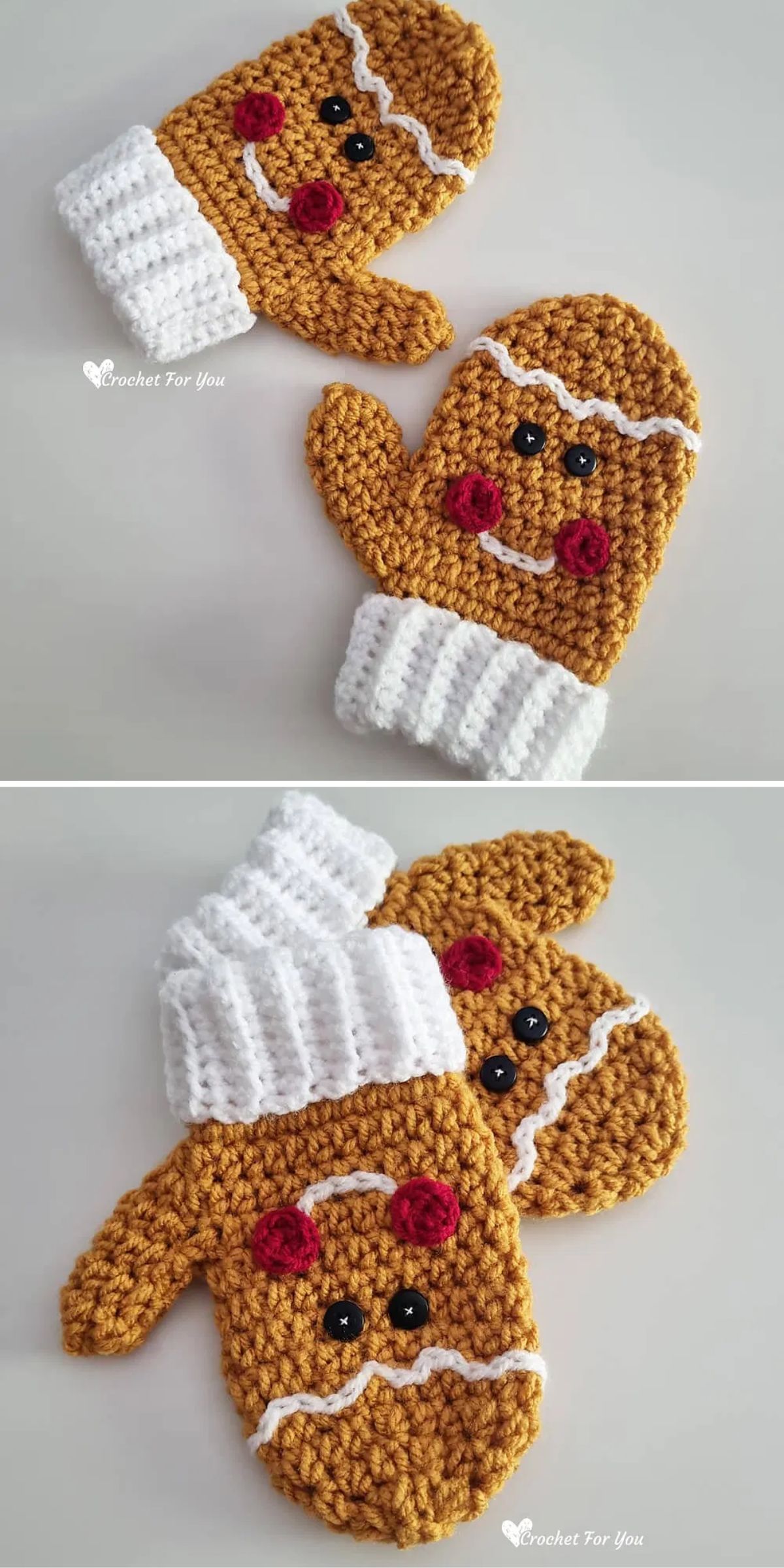 Crochet gingerbread mittens with white cuffs, decorated with red cheeks, black eyes, and white icing-like details, displayed on a white surface.