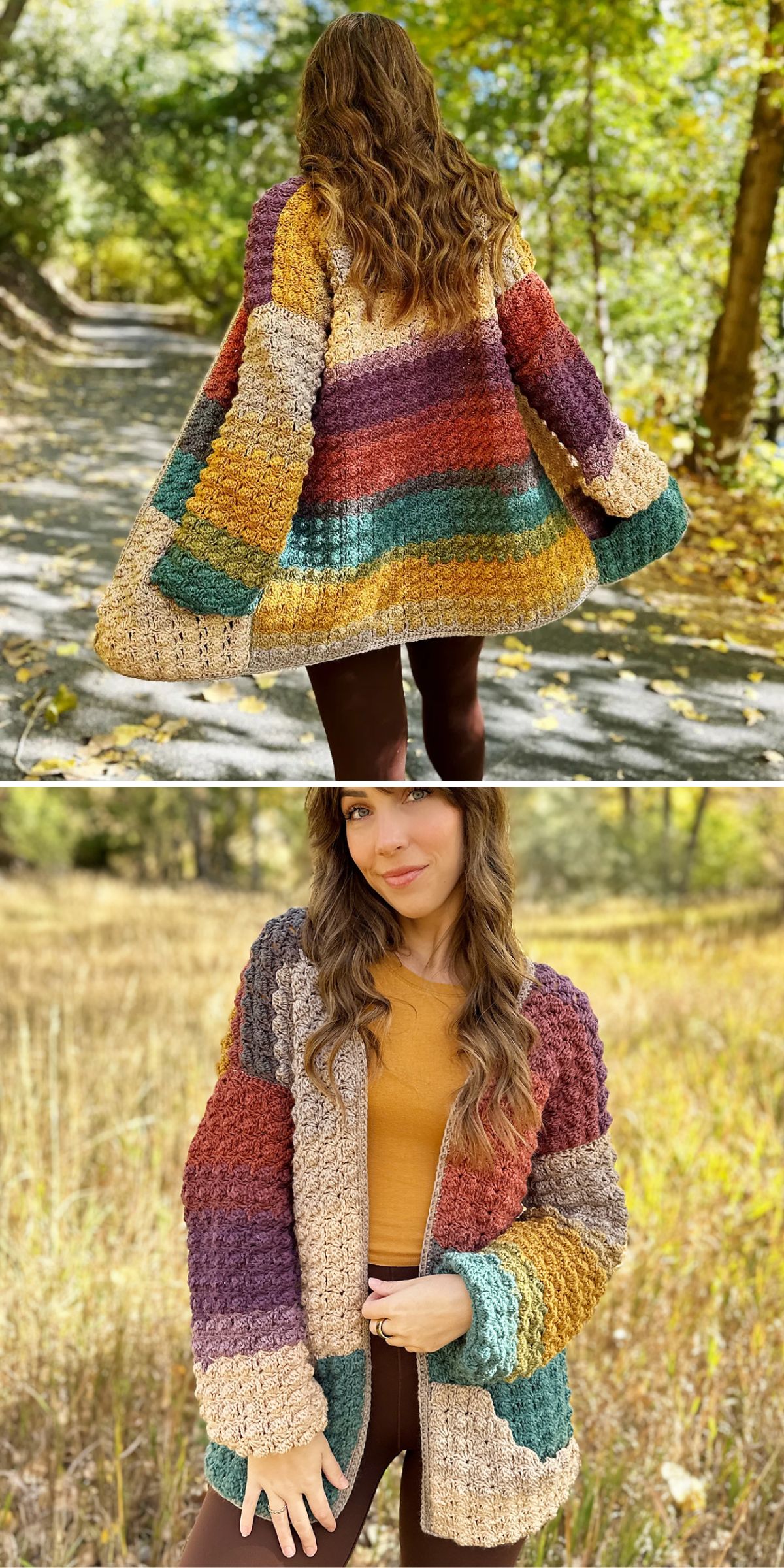 Two images of a person wearing a colorful, striped crochet cardigan while standing on a wooded path and an open field.