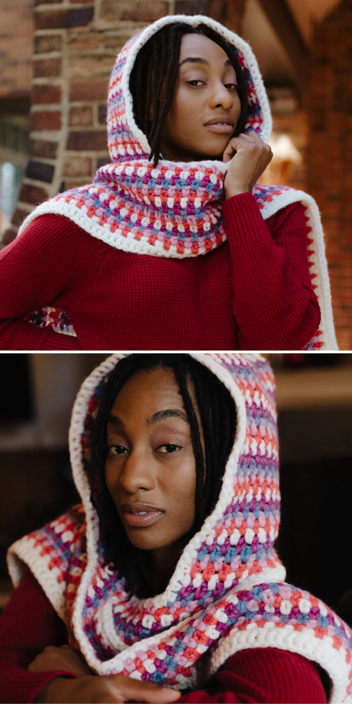 Person wearing a red sweater and a crochet hooded scarf in pink, white, and blue, posing indoors with a brick wall in the background.