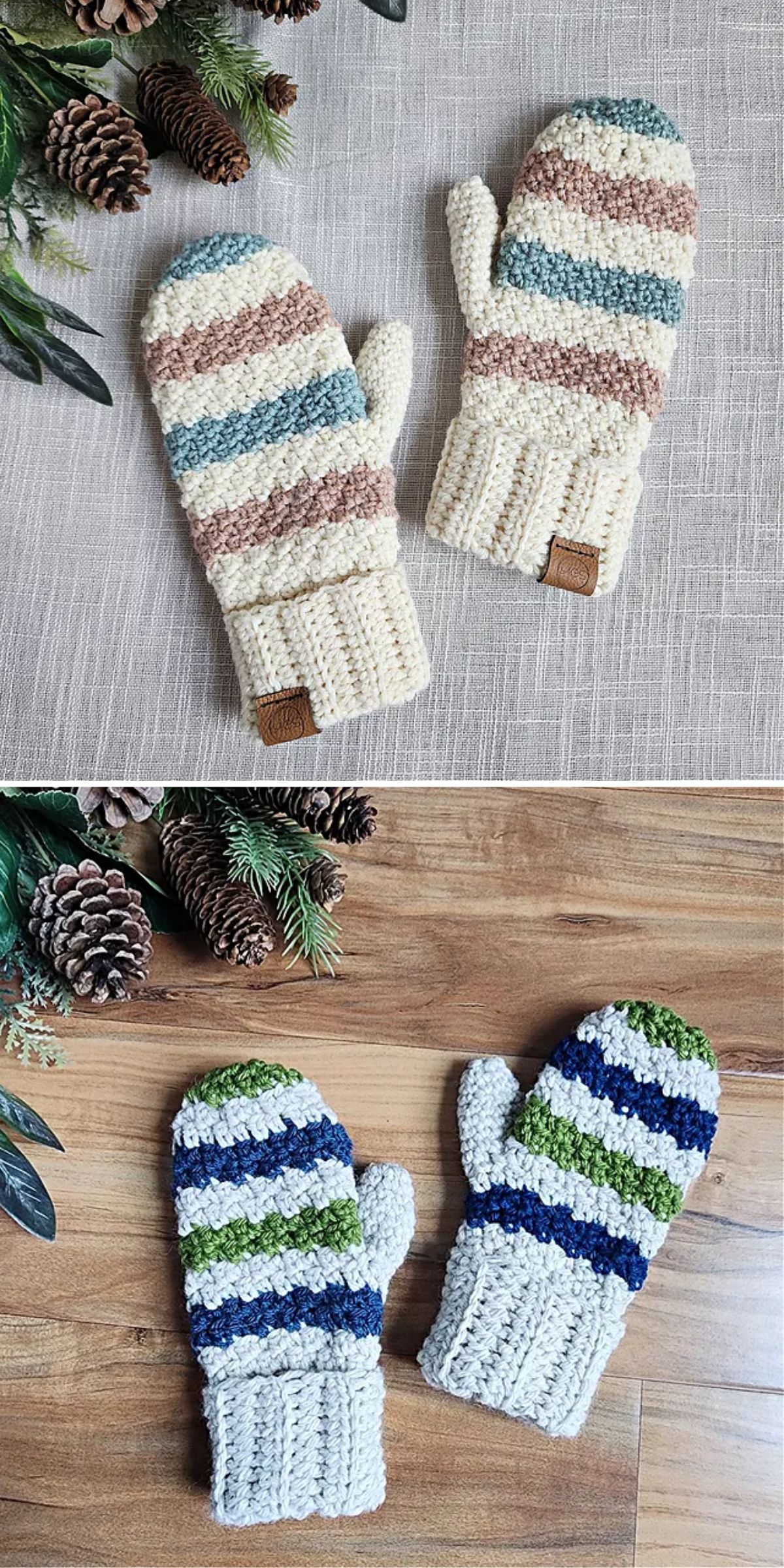 Two pairs of crochet mittens, one with beige, pink, and blue stripes on a gray fabric, and the other with blue, green, and white stripes on a wooden surface, surrounded by pinecones.